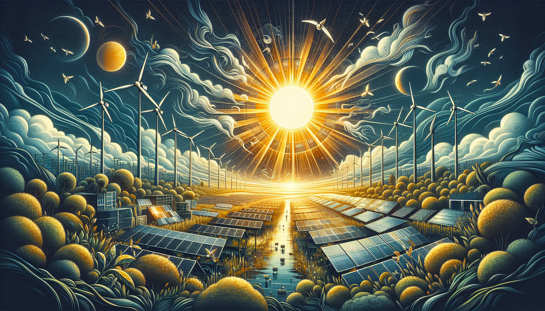 A conceptual illustration representing Harness the Power of the Sun. Visualize the main ideas: . Creative but clear representation of the concept. Style: Visual Theme: Clean, modern aesthetic with high contrast and vibrant energy. Emphasize the intersect. high quality, detailed, professional, clean composition, good lighting, sharp focus, well-composed. high quality, professional, detailed, well-composed