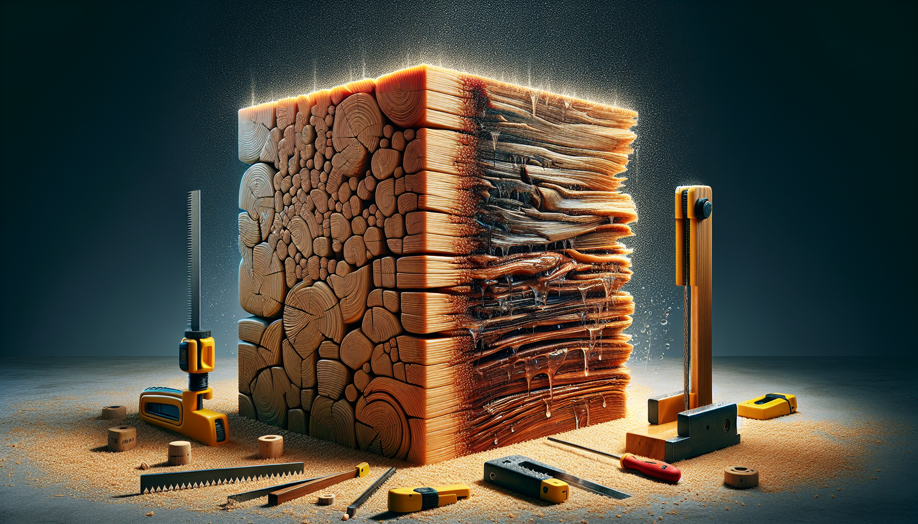 A conceptual illustration representing Practical Implications of Wood Swelling. Visualize the main ideas: . Creative but clear representation of the concept. Style: photorealistic. high quality, detailed, professional, clean composition, good lighting, sharp focus, well-composed. high quality, professional, detailed, well-composed