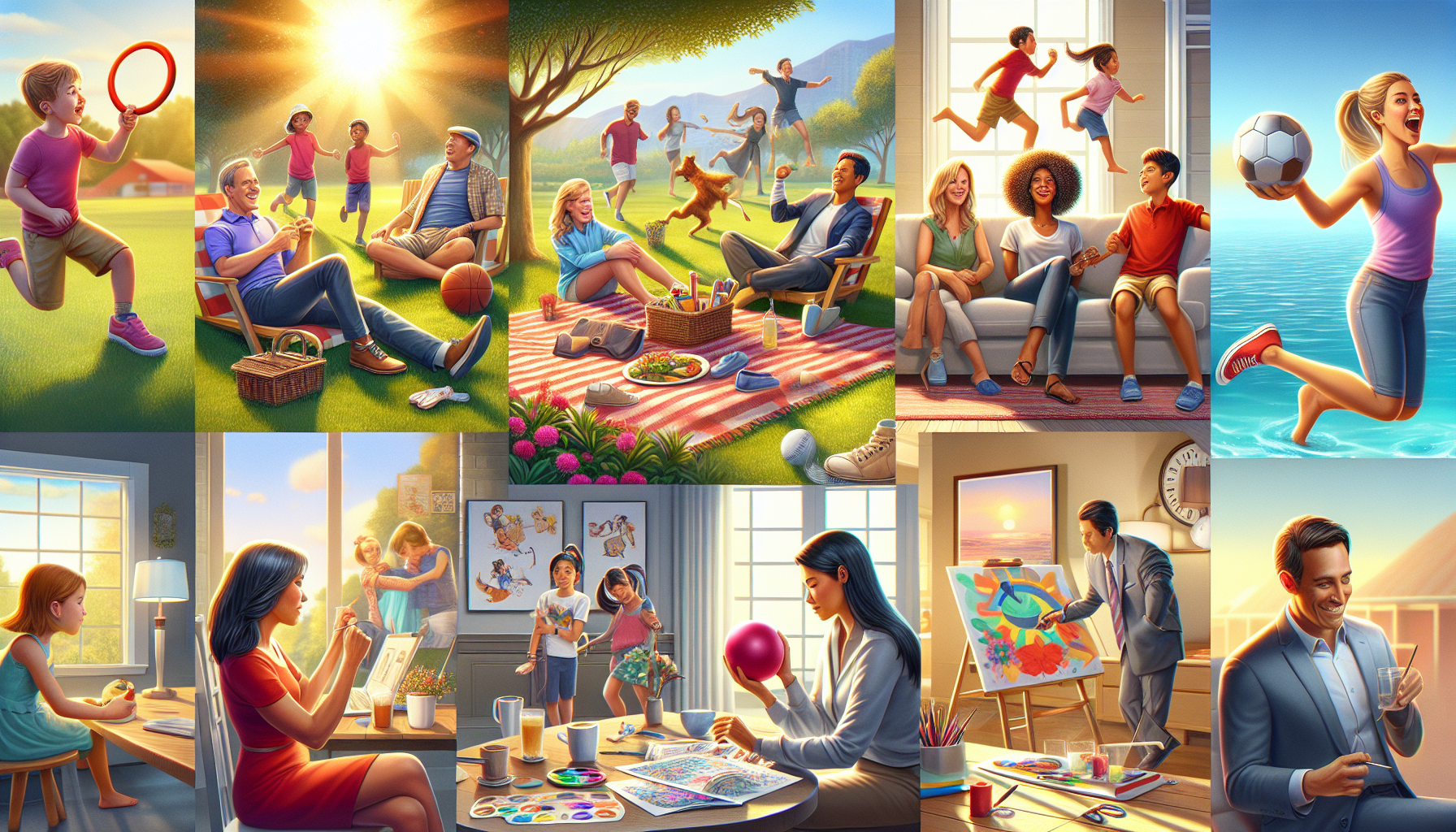 A conceptual illustration representing Practical Ways to Incorporate Play into Daily Life. Visualize the main ideas: . Creative but clear representation of the concept. Style: photorealistic. high quality, detailed, professional, clean composition, good lighting, sharp focus, well-composed. high quality, professional, detailed, well-composed
