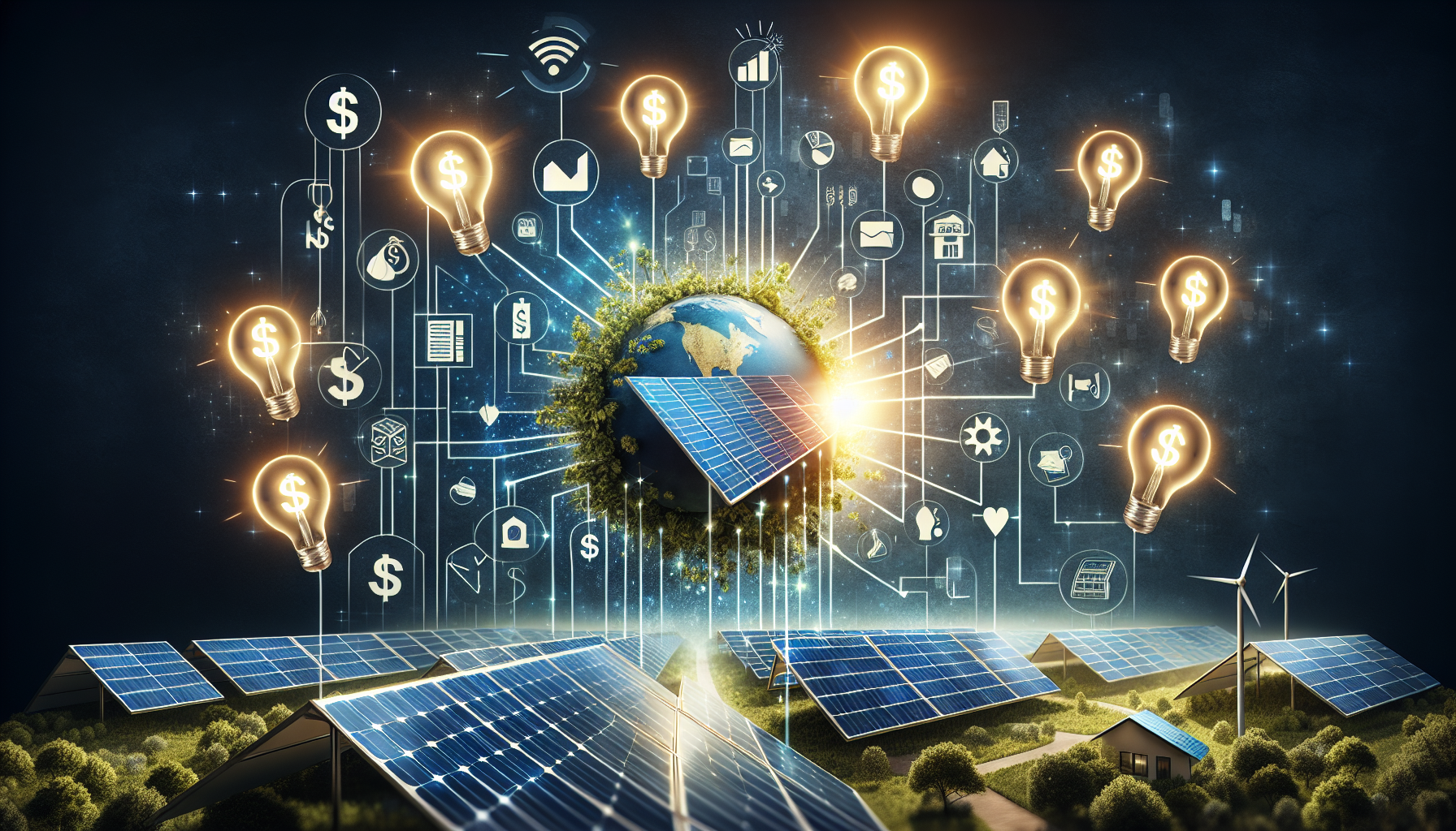 A conceptual illustration representing The Solar Financing Landscape. Visualize the main ideas: . Creative but clear representation of the concept. Style: Visual Theme: Clean, modern aesthetic with high contrast and vibrant energy. Emphasize the intersect. high quality, detailed, professional, clean composition, good lighting, sharp focus, well-composed. high quality, professional, detailed, well-composed