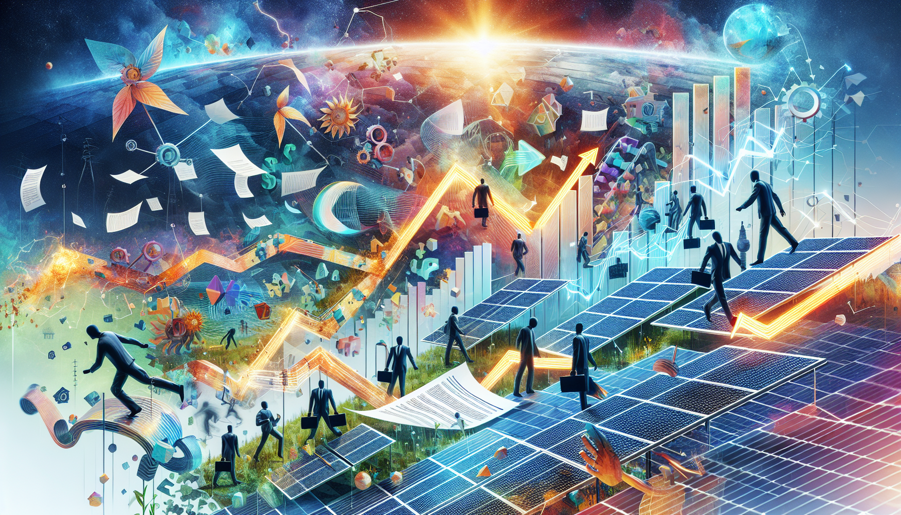 A conceptual illustration representing Challenges in Securing Solar Financing. Visualize the main ideas: . Creative but clear representation of the concept. Style: Visual Theme: Clean, modern aesthetic with high contrast and vibrant energy. Emphasize the intersect. high quality, detailed, professional, clean composition, good lighting, sharp focus, well-composed. high quality, professional, detailed, well-composed