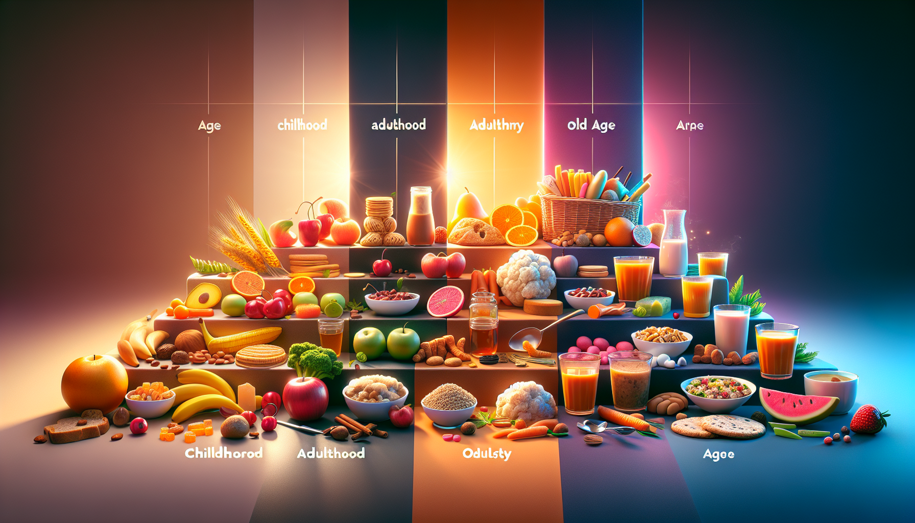 A conceptual illustration representing Age and Appetite: Variations Across Lifespan. Visualize the main ideas: . Creative but clear representation of the concept. Style: photorealistic. high quality, detailed, professional, clean composition, good lighting, sharp focus, well-composed. high quality, professional, detailed, well-composed