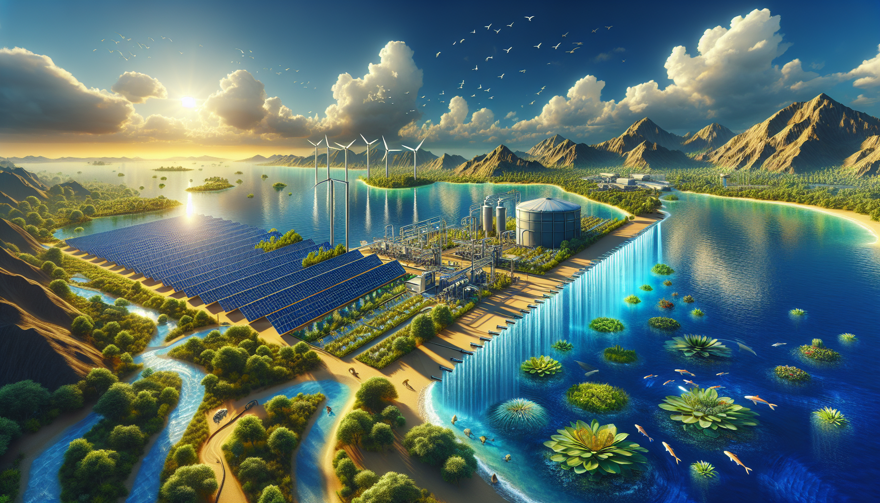 A conceptual illustration representing The New Wave of Solar Desalination. Visualize the main ideas: . Creative but clear representation of the concept. Style: Visual Theme: Clean, modern aesthetic with high contrast and vibrant energy. Emphasize the intersect. high quality, detailed, professional, clean composition, good lighting, sharp focus, well-composed. high quality, professional, detailed, well-composed