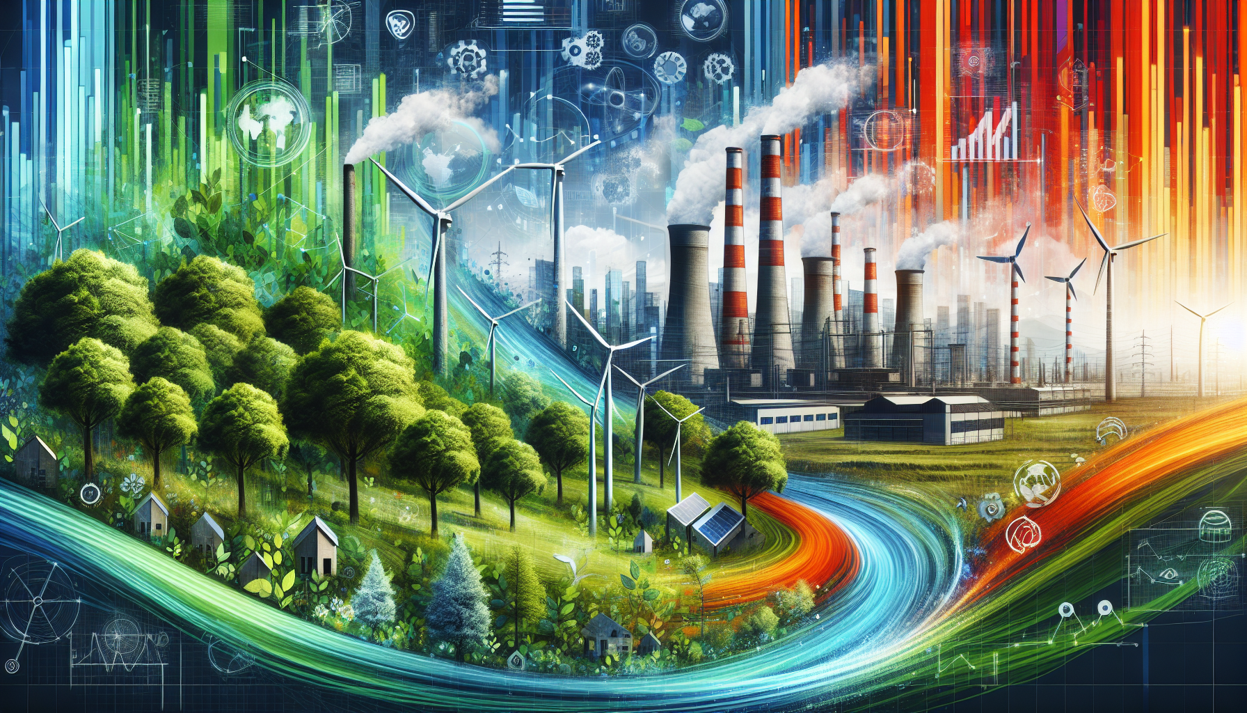 A conceptual illustration representing Environmental and Economic Impacts. Visualize the main ideas: . Creative but clear representation of the concept. Style: Visual Theme: Clean, modern aesthetic with high contrast and vibrant energy. Emphasize the intersect. high quality, detailed, professional, clean composition, good lighting, sharp focus, well-composed. high quality, professional, detailed, well-composed