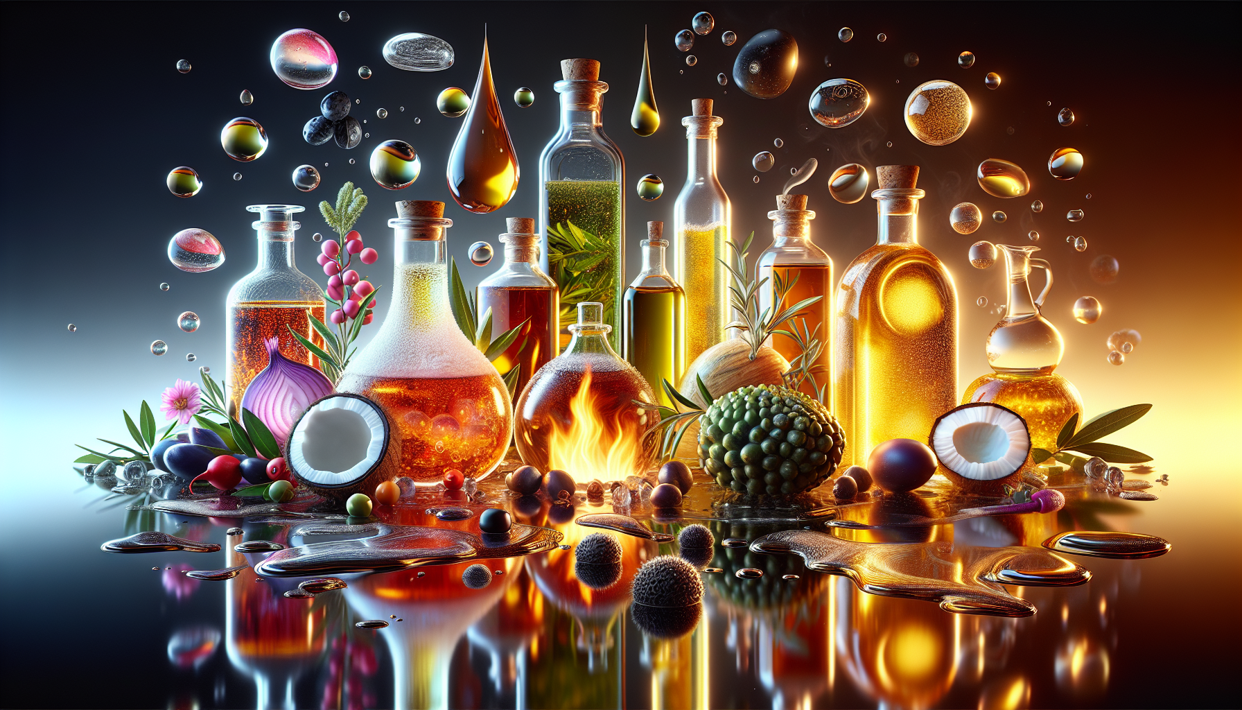 A conceptual illustration representing Different Oils, Different Reactions. Visualize the main ideas: . Creative but clear representation of the concept. Style: photorealistic. high quality, detailed, professional, clean composition, good lighting, sharp focus, well-composed. high quality, professional, detailed, well-composed