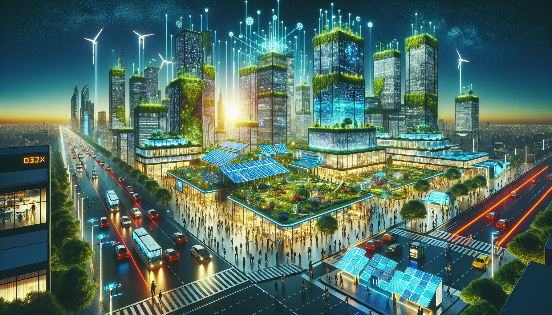 A conceptual illustration representing The Solar-Powered Smart City Revolution. Visualize the main ideas: . Creative but clear representation of the concept. Style: Visual Theme: Clean, modern aesthetic with high contrast and vibrant energy. Emphasize the intersect. high quality, detailed, professional, clean composition, good lighting, sharp focus, well-composed. high quality, professional, detailed, well-composed