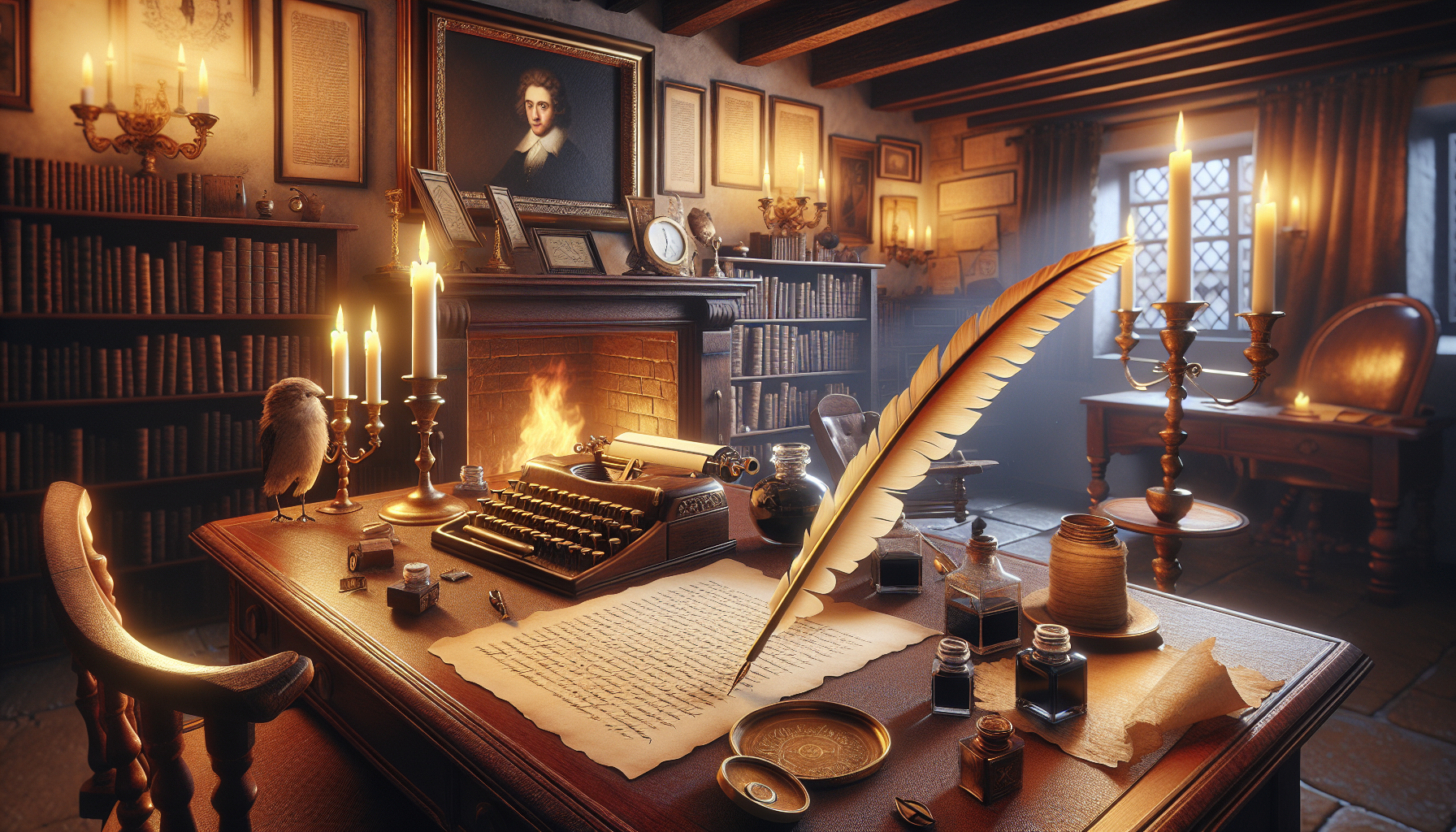 A conceptual illustration representing Shakespeare's Pen: The Birthplace of the Phrase. Visualize the main ideas: . Creative but clear representation of the con