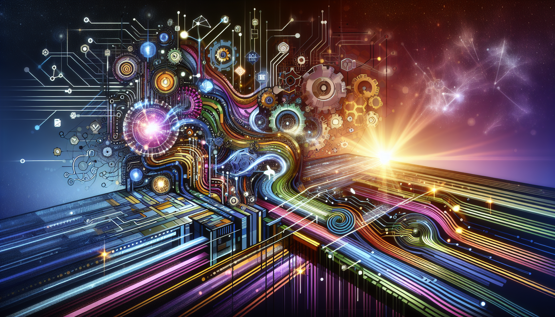 A conceptual illustration representing Key Technologies Driving Integration. Visualize the main ideas: . Creative but clear representation of the concept. Style: Visual Theme: Clean, modern aesthetic with high contrast and vibrant energy. Emphasize the intersect. high quality, detailed, professional, clean composition, good lighting, sharp focus, well-composed. high quality, professional, detailed, well-composed