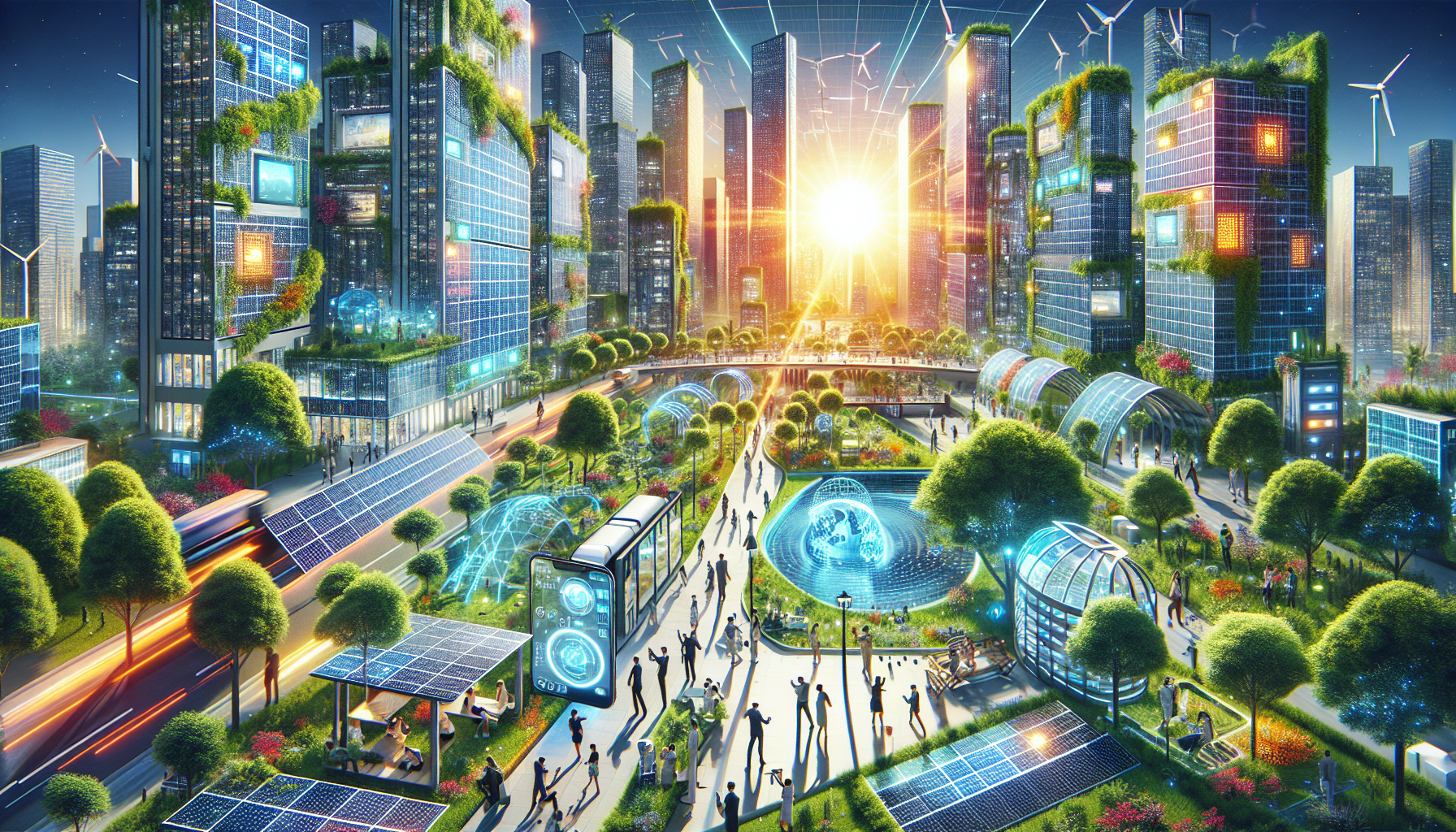 A conceptual illustration representing Benefits of Solar Energy in Smart Cities. Visualize the main ideas: . Creative but clear representation of the concept. Style: Visual Theme: Clean, modern aesthetic with high contrast and vibrant energy. Emphasize the intersect. high quality, detailed, professional, clean composition, good lighting, sharp focus, well-composed. high quality, professional, detailed, well-composed