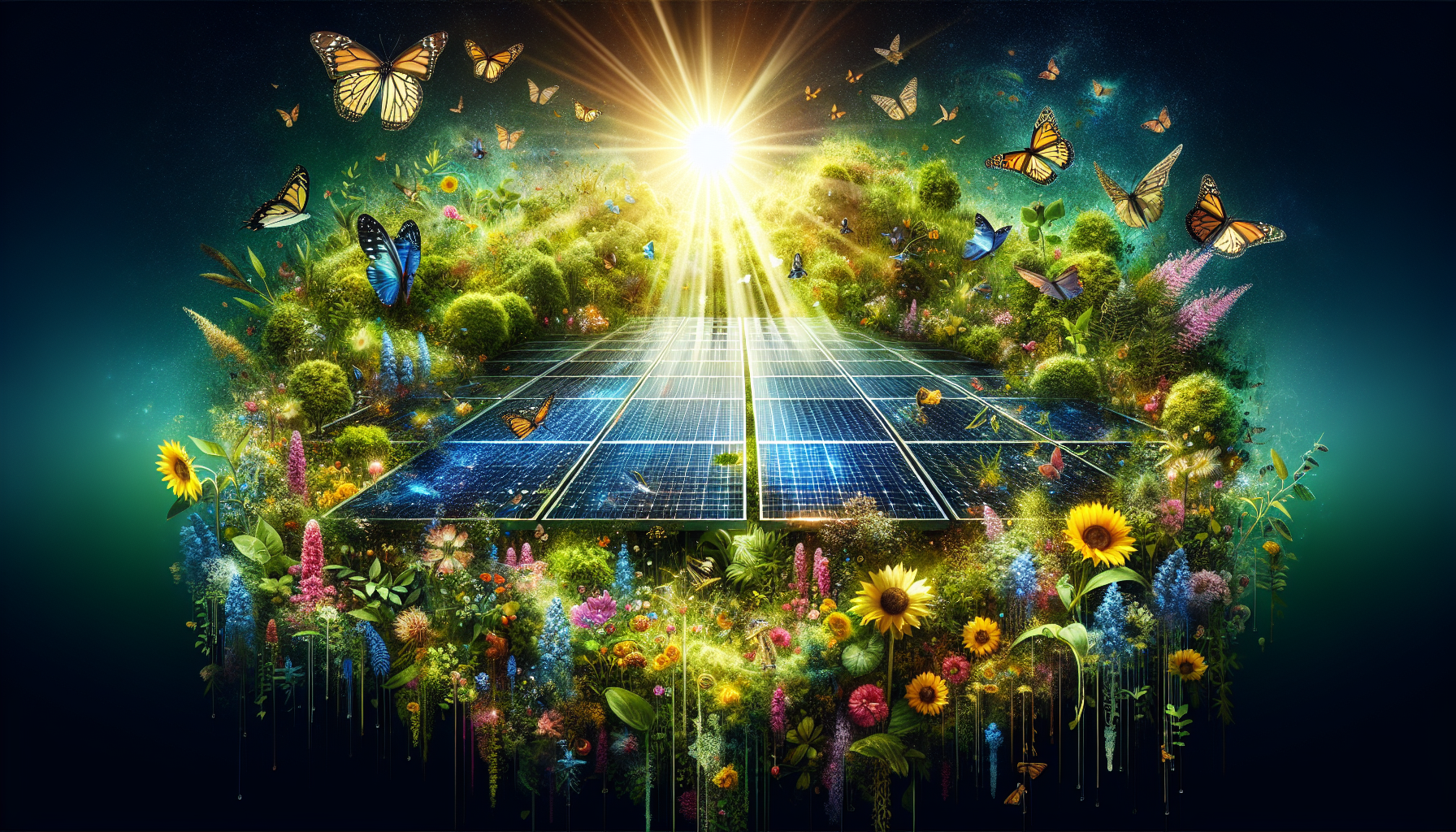 A conceptual illustration representing The Intersection of Solar Energy and Biodiversity. Visualize the main ideas: . Creative but clear representation of the concept. Style: Visual Theme: Clean, modern aesthetic with high contrast and vibrant energy. Emphasize the intersect. high quality, detailed, professional, clean composition, good lighting, sharp focus, well-composed. high quality, professional, detailed, well-composed