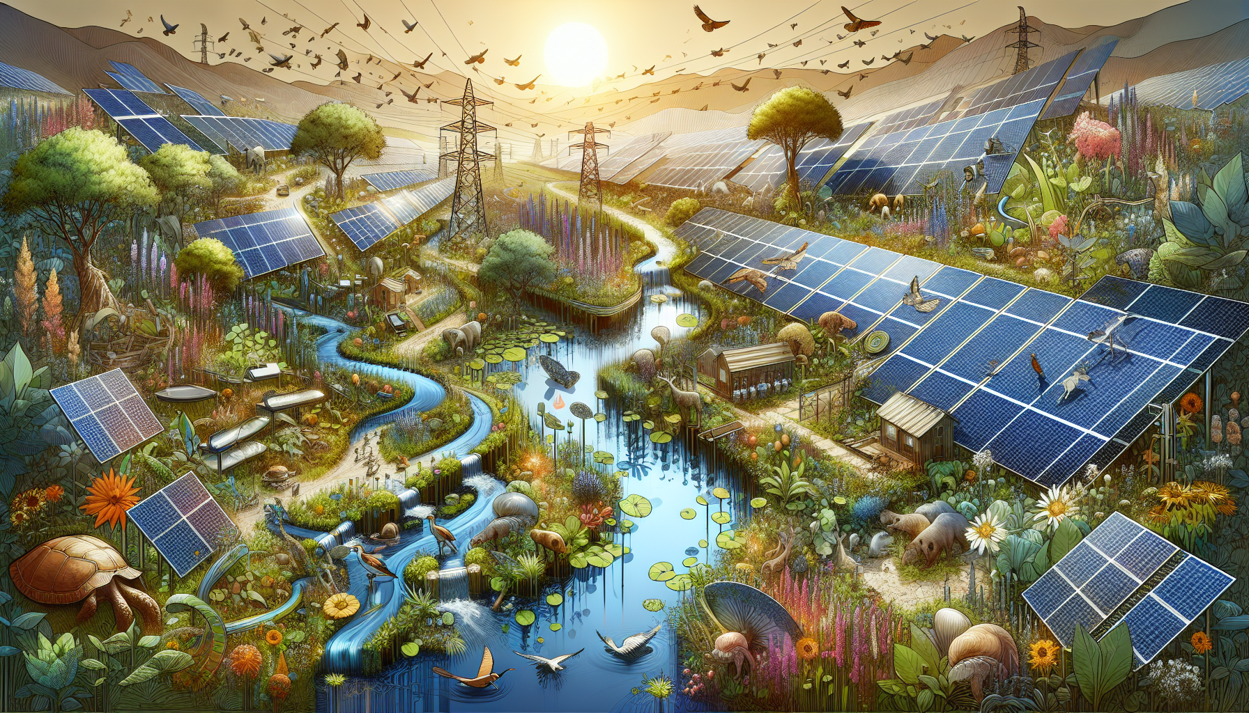 A conceptual illustration representing Key Principles of Biodiversity Design in Solar Farms. Visualize the main ideas: . Creative but clear representation of the concept. Style: Visual Theme: Clean, modern aesthetic with high contrast and vibrant energy. Emphasize the intersect. high quality, detailed, professional, clean composition, good lighting, sharp focus, well-composed. high quality, professional, detailed, well-composed