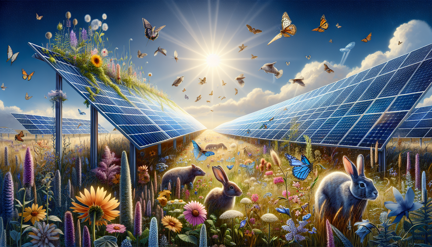 A conceptual illustration representing Benefits of Biodiversity in Solar Farms. Visualize the main ideas: . Creative but clear representation of the concept. Style: Visual Theme: Clean, modern aesthetic with high contrast and vibrant energy. Emphasize the intersect. high quality, detailed, professional, clean composition, good lighting, sharp focus, well-composed. high quality, professional, detailed, well-composed