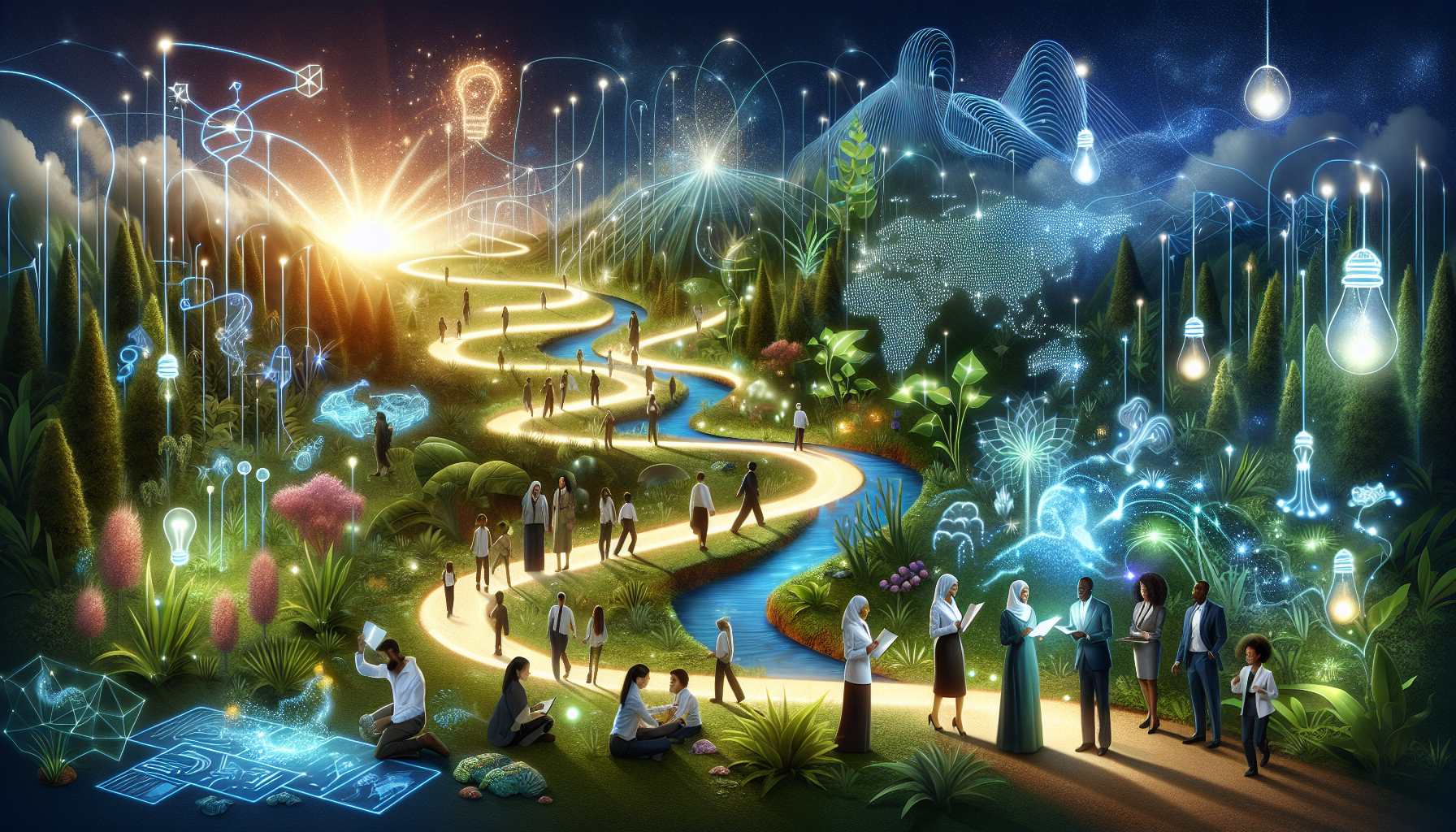 A conceptual illustration representing Lighting the Path to Progress. Visualize the main ideas: . Creative but clear representation of the concept. Style: Visual Theme: Clean, modern aesthetic with high contrast and vibrant energy. Emphasize the intersect. high quality, detailed, professional, clean composition, good lighting, sharp focus, well-composed. high quality, professional, detailed, well-composed