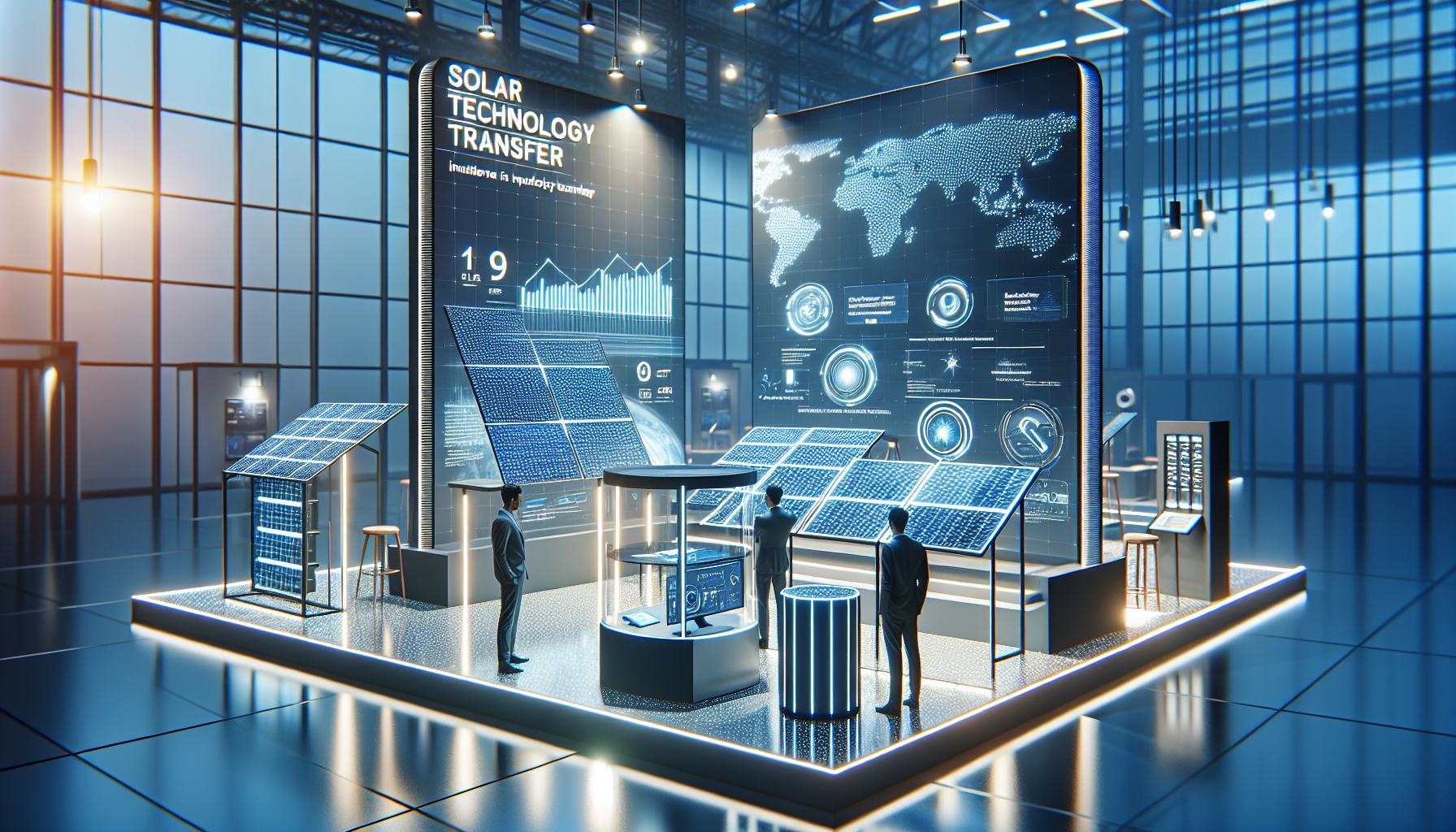 A professional product showcase or technology demonstration for Key Players in Solar Technology Transfer. Highlight . Clean, modern presentation with focus on functionality and design. Style: Visual Theme: Clean, modern aesthetic with high contrast and vibrant energy. Emphasize the intersect. high quality, detailed, professional, clean composition, good lighting, sharp focus, well-composed. high quality, professional, detailed, well-composed