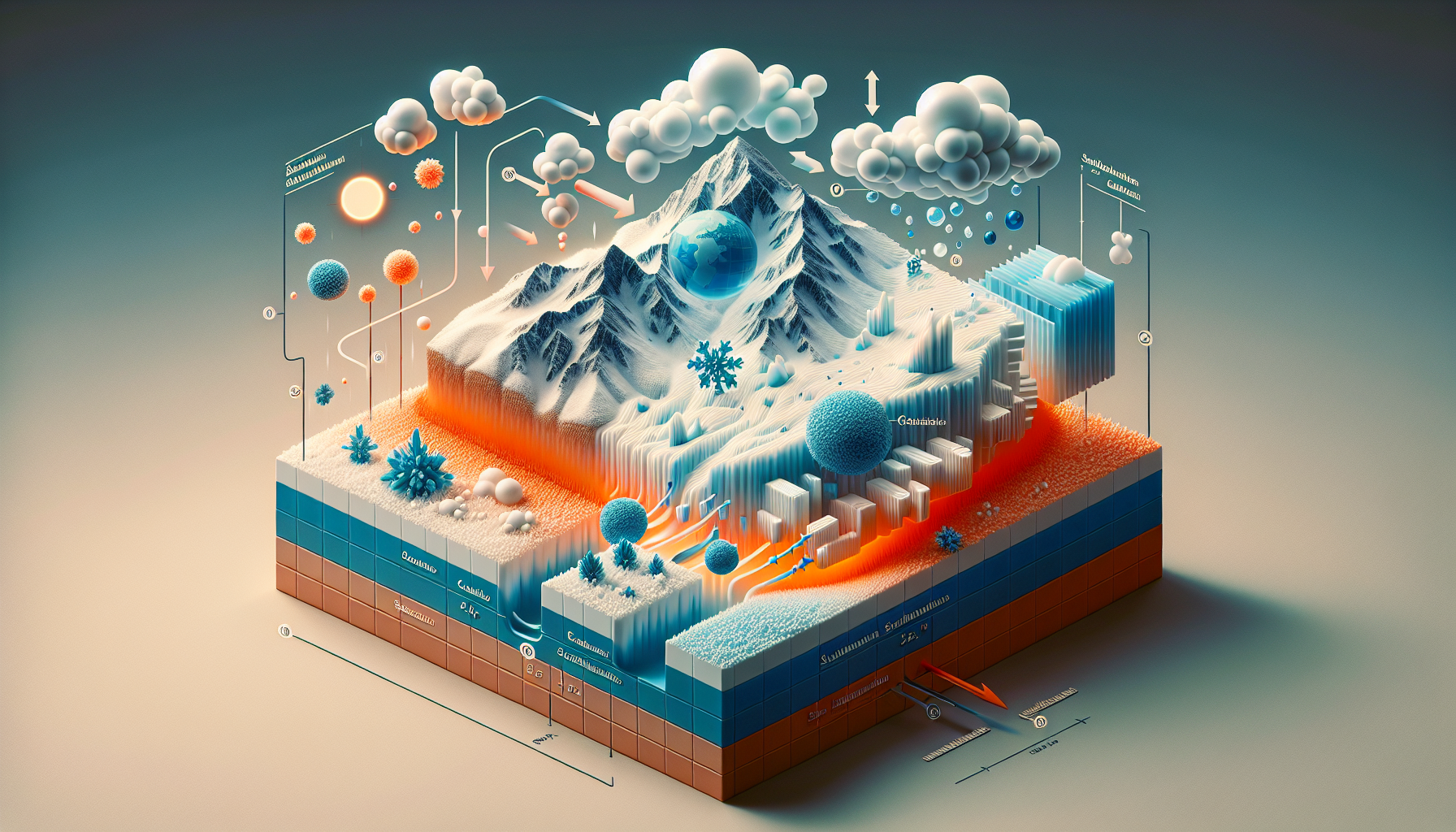 A conceptual illustration representing Factors Influencing Sublimation Rates. Visualize the main ideas: . Creative but clear representation of the concept. Style: photorealistic. high quality, detailed, professional, clean composition, good lighting, sharp focus, well-composed. high quality, professional, detailed, well-composed