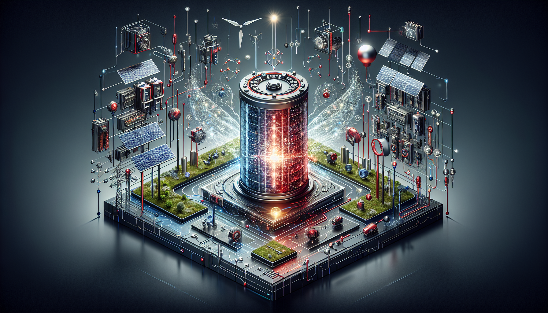 A conceptual illustration representing The Heart of Modern Energy Storage. Visualize the main ideas: . Creative but clear representation of the concept. Style: Visual Theme: Clean, modern aesthetic with high contrast and vibrant energy. Emphasize the intersect. high quality, detailed, professional, clean composition, good lighting, sharp focus, well-composed. high quality, professional, detailed, well-composed