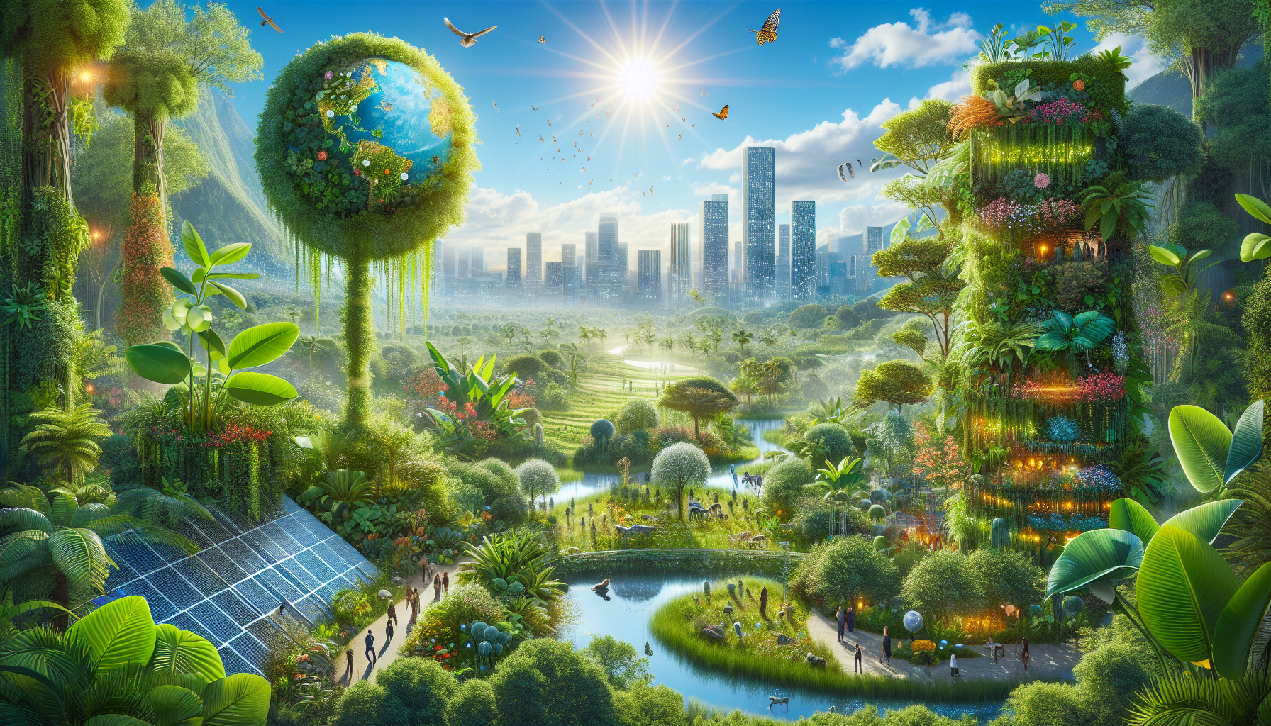 A conceptual illustration representing The Global Impact of Enhanced Photosynthesis. Visualize the main ideas: . Creative but clear representation of the concept. Style: photorealistic. high quality, detailed, professional, clean composition, good lighting, sharp focus, well-composed. high quality, professional, detailed, well-composed