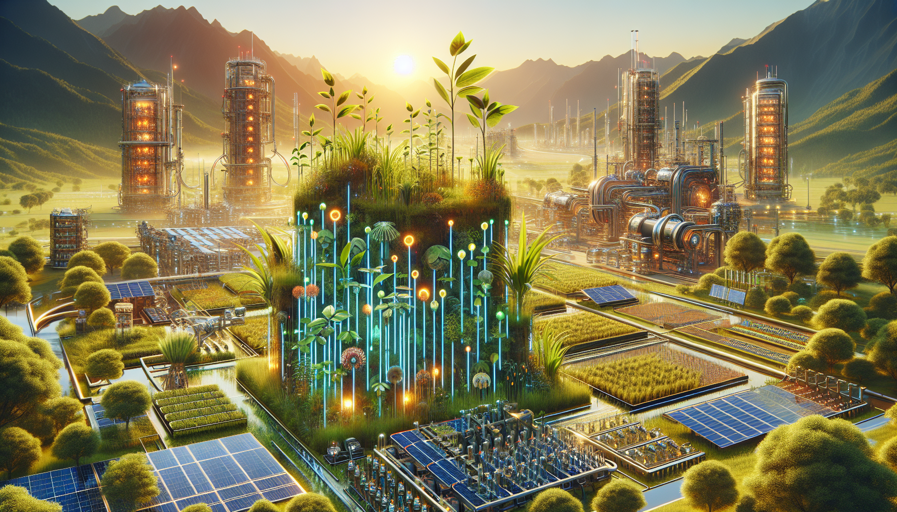 A conceptual illustration representing Engineering Photosynthesis for Climate Solutions. Visualize the main ideas: . Creative but clear representation of the concept. Style: photorealistic. high quality, detailed, professional, clean composition, good lighting, sharp focus, well-composed. high quality, professional, detailed, well-composed
