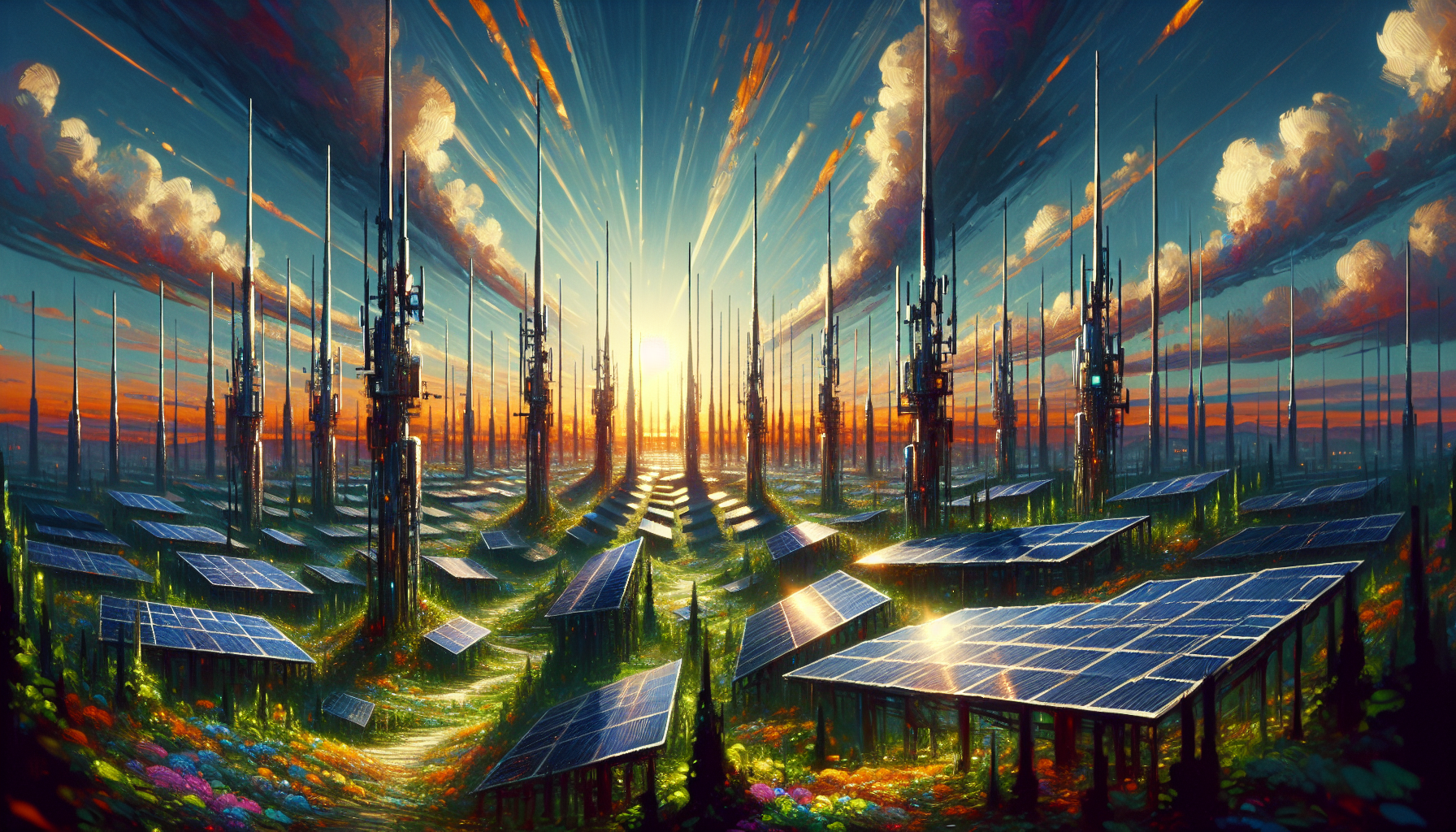 A conceptual illustration representing The Rise of Solar-Powered Telecom. Visualize the main ideas: . Creative but clear representation of the concept. Style: Visual Theme: Clean, modern aesthetic with high contrast and vibrant energy. Emphasize the intersect. high quality, detailed, professional, clean composition, good lighting, sharp focus, well-composed. high quality, professional, detailed, well-composed