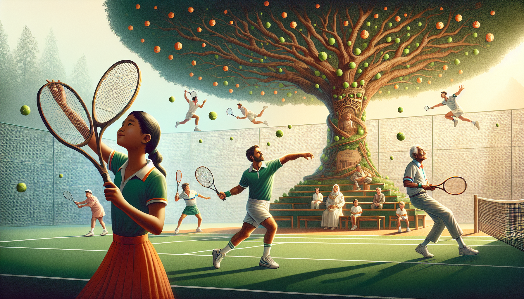 A conceptual illustration representing Tracing the Roots: A Tennis Legacy. Visualize the main ideas: . Creative but clear representation of the concept. Style: photorealistic. high quality, detailed, professional, clean composition, good lighting, sharp focus, well-composed. high quality, professional, detailed, well-composed