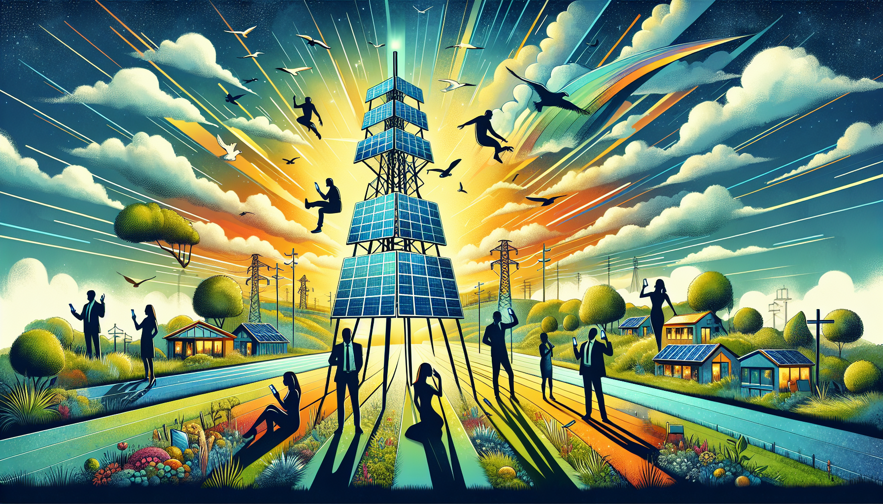 A conceptual illustration representing Benefits of Solar-Powered Telecom Infrastructure. Visualize the main ideas: . Creative but clear representation of the concept. Style: Visual Theme: Clean, modern aesthetic with high contrast and vibrant energy. Emphasize the intersect. high quality, detailed, professional, clean composition, good lighting, sharp focus, well-composed. high quality, professional, detailed, well-composed