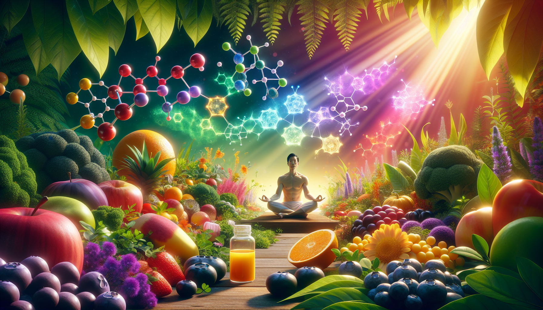 A conceptual illustration representing The Role of Flavonoids and Polyphenols in Mood Enhancement. Visualize the main ideas: . Creative but clear representation of the concept. Style: photorealistic. high quality, detailed, professional, clean composition, good lighting, sharp focus, well-composed. high quality, professional, detailed, well-composed