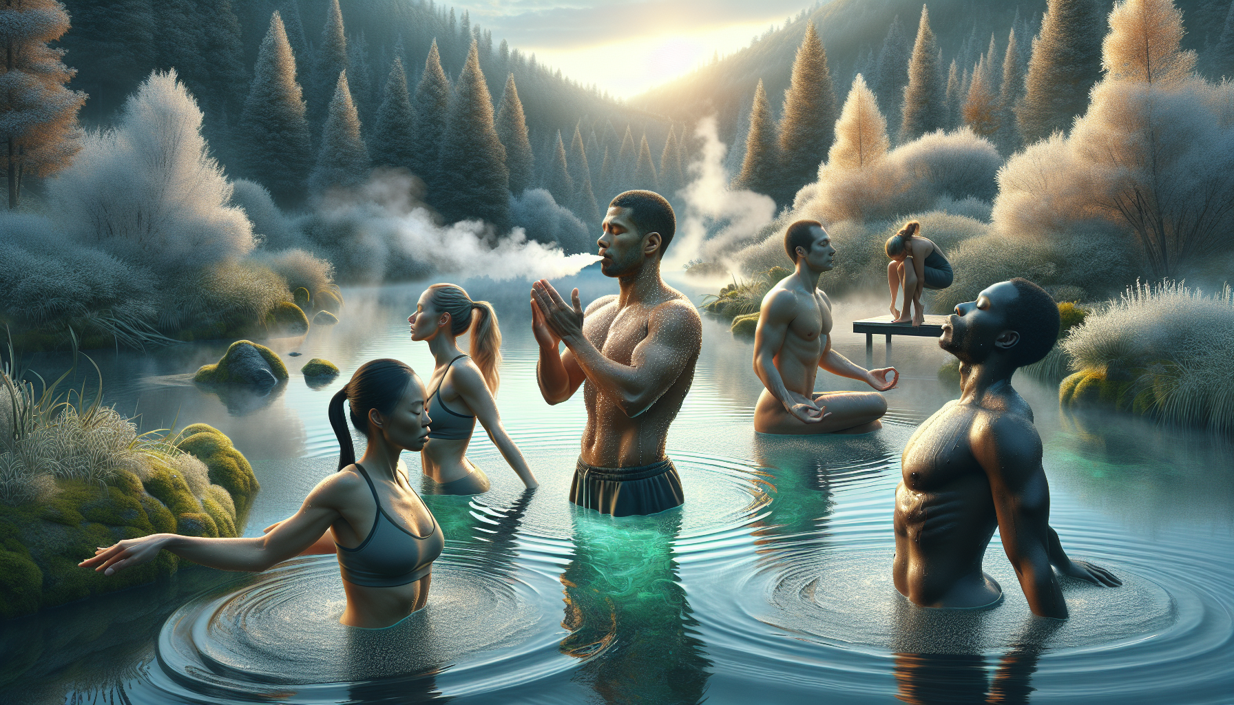 A conceptual illustration representing Optimal Protocols for Cold Water Immersion. Visualize the main ideas: . Creative but clear representation of the concept. Style: photorealistic. high quality, detailed, professional, clean composition, good lighting, sharp focus, well-composed. high quality, professional, detailed, well-composed