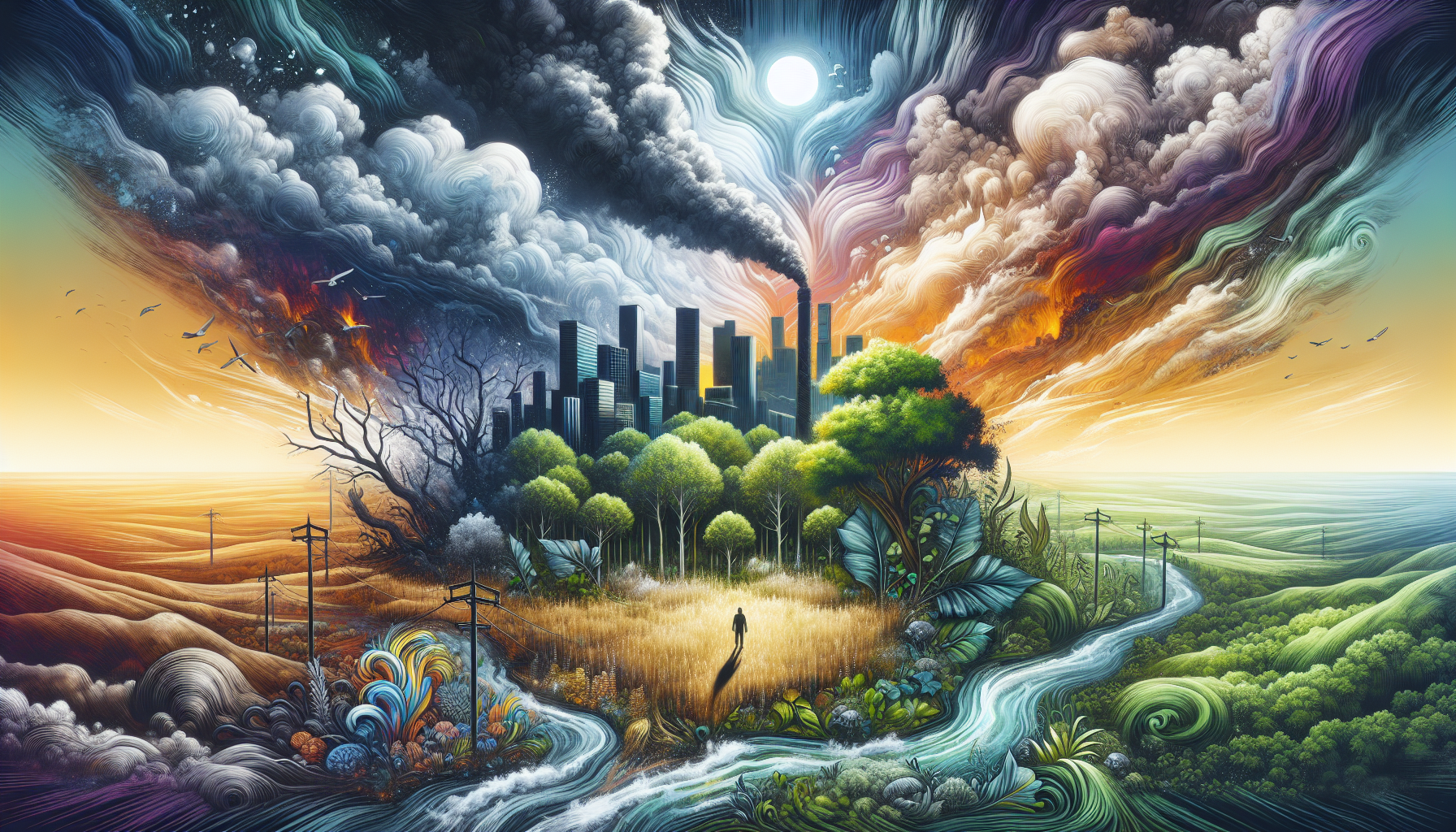 A conceptual illustration representing Environmental Impact. Visualize the main ideas: . Creative but clear representation of the concept. Style: Visual Theme: Clean, modern aesthetic with high contrast and vibrant energy. Emphasize the intersect. high quality, detailed, professional, clean composition, good lighting, sharp focus, well-composed. high quality, professional, detailed, well-composed