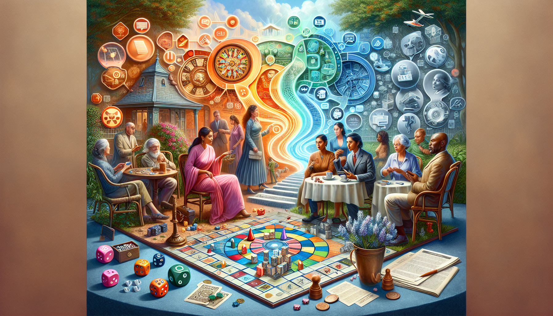 A conceptual illustration representing From Board Games to Everyday Language. Visualize the main ideas: . Creative but clear representation of the concept. Style: photorealistic. high quality, detailed, professional, clean composition, good lighting, sharp focus, well-composed. high quality, professional, detailed, well-composed