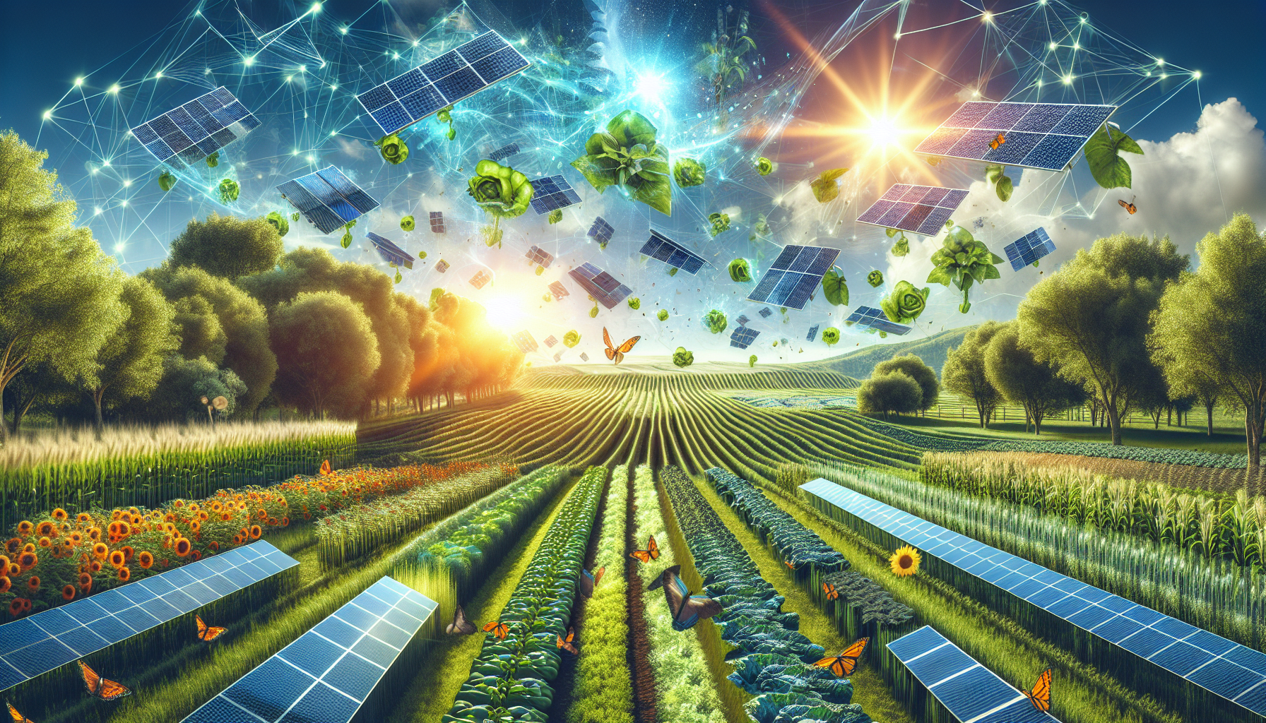 A conceptual illustration representing Innovative Agrivoltaics. Visualize the main ideas: . Creative but clear representation of the concept. Style: Visual Theme: Clean, modern aesthetic with high contrast and vibrant energy. Emphasize the intersect. high quality, detailed, professional, clean composition, good lighting, sharp focus, well-composed. high quality, professional, detailed, well-composed