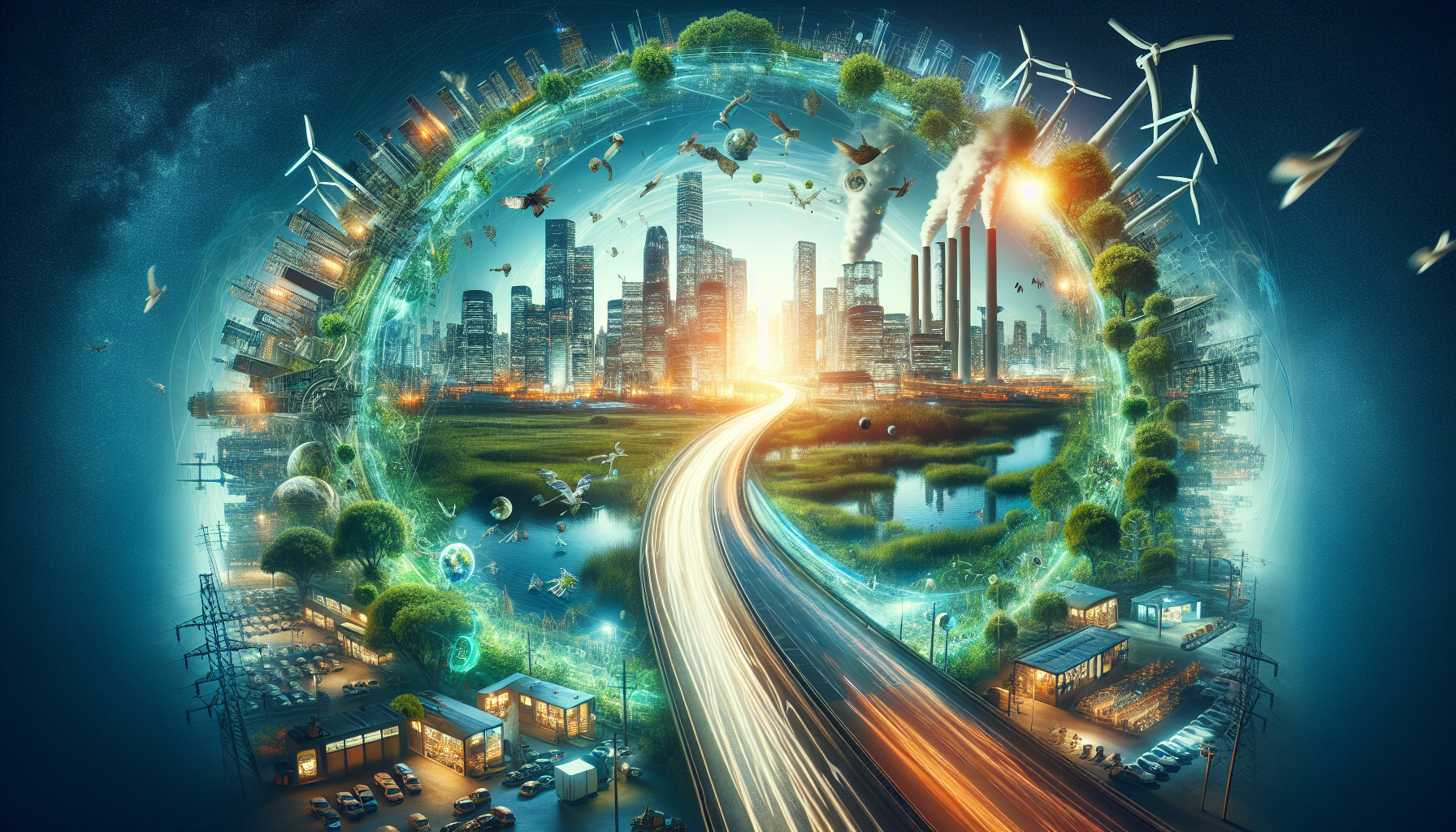 A conceptual illustration representing Economic and Environmental Impacts. Visualize the main ideas: . Creative but clear representation of the concept. Style: Visual Theme: Clean, modern aesthetic with high contrast and vibrant energy. Emphasize the intersect. high quality, detailed, professional, clean composition, good lighting, sharp focus, well-composed. high quality, professional, detailed, well-composed