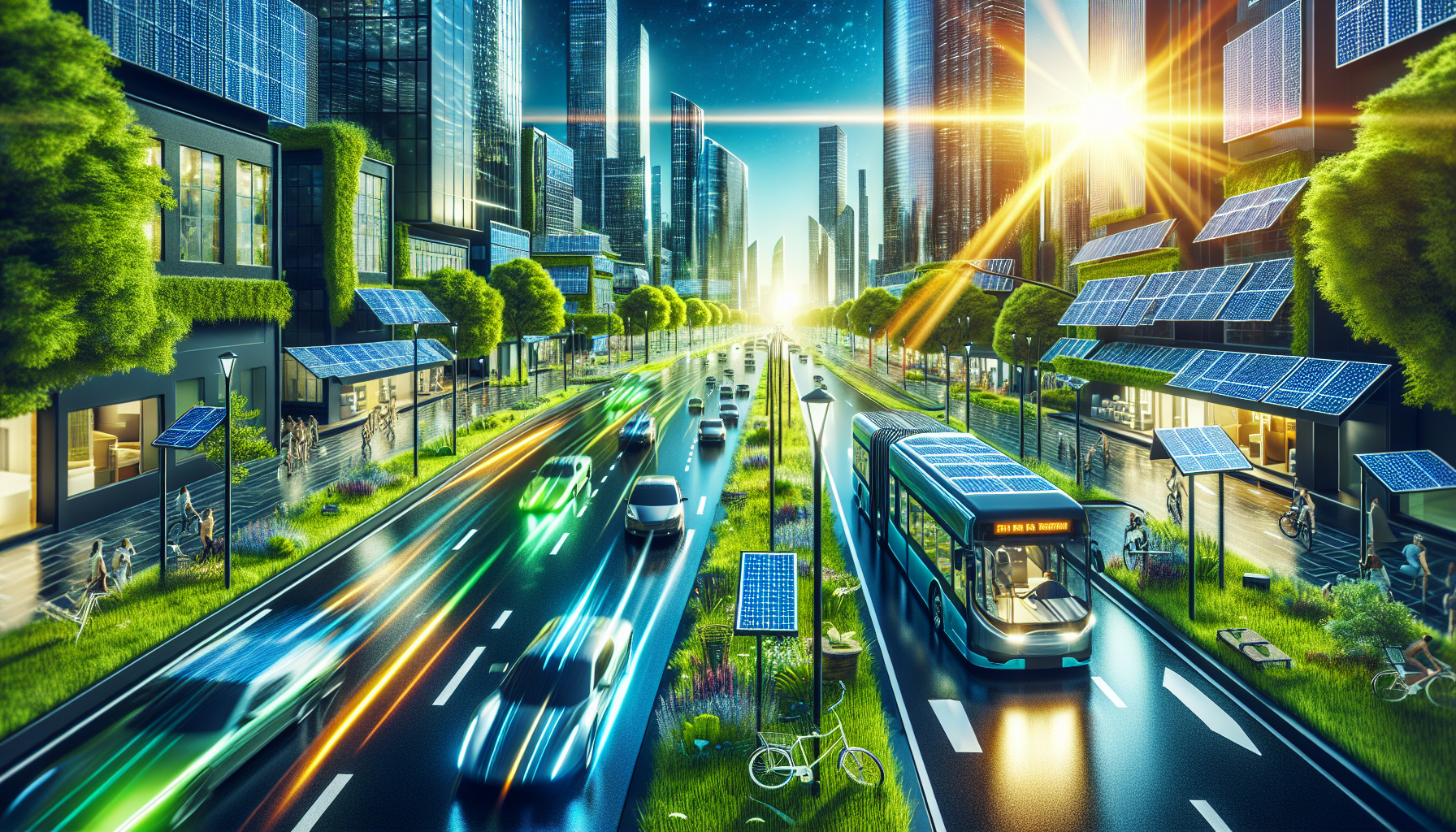 A conceptual illustration representing The Power of Solar in Transport. Visualize the main ideas: . Creative but clear representation of the concept. Style: Visual Theme: Clean, modern aesthetic with high contrast and vibrant energy. Emphasize the intersect. high quality, detailed, professional, clean composition, good lighting, sharp focus, well-composed. high quality, professional, detailed, well-composed