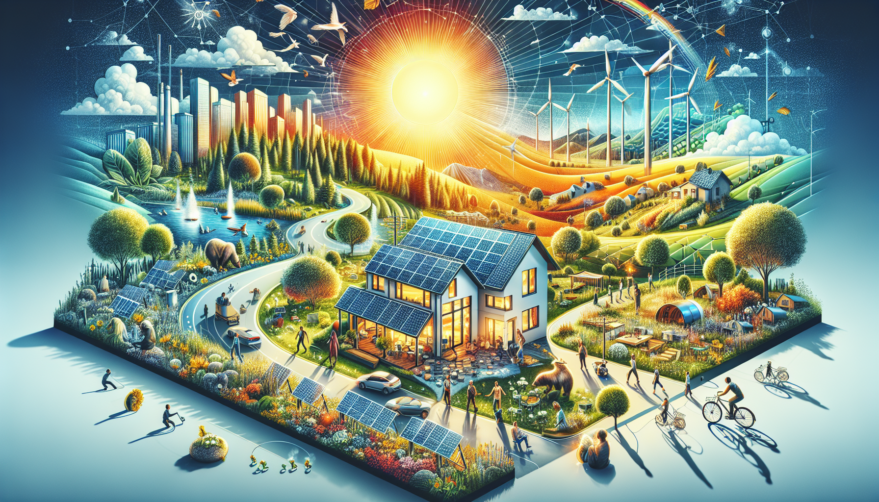 A conceptual illustration representing Benefits of Solar Integration. Visualize the main ideas: . Creative but clear representation of the concept. Style: Visual Theme: Clean, modern aesthetic with high contrast and vibrant energy. Emphasize the intersect. high quality, detailed, professional, clean composition, good lighting, sharp focus, well-composed. high quality, professional, detailed, well-composed