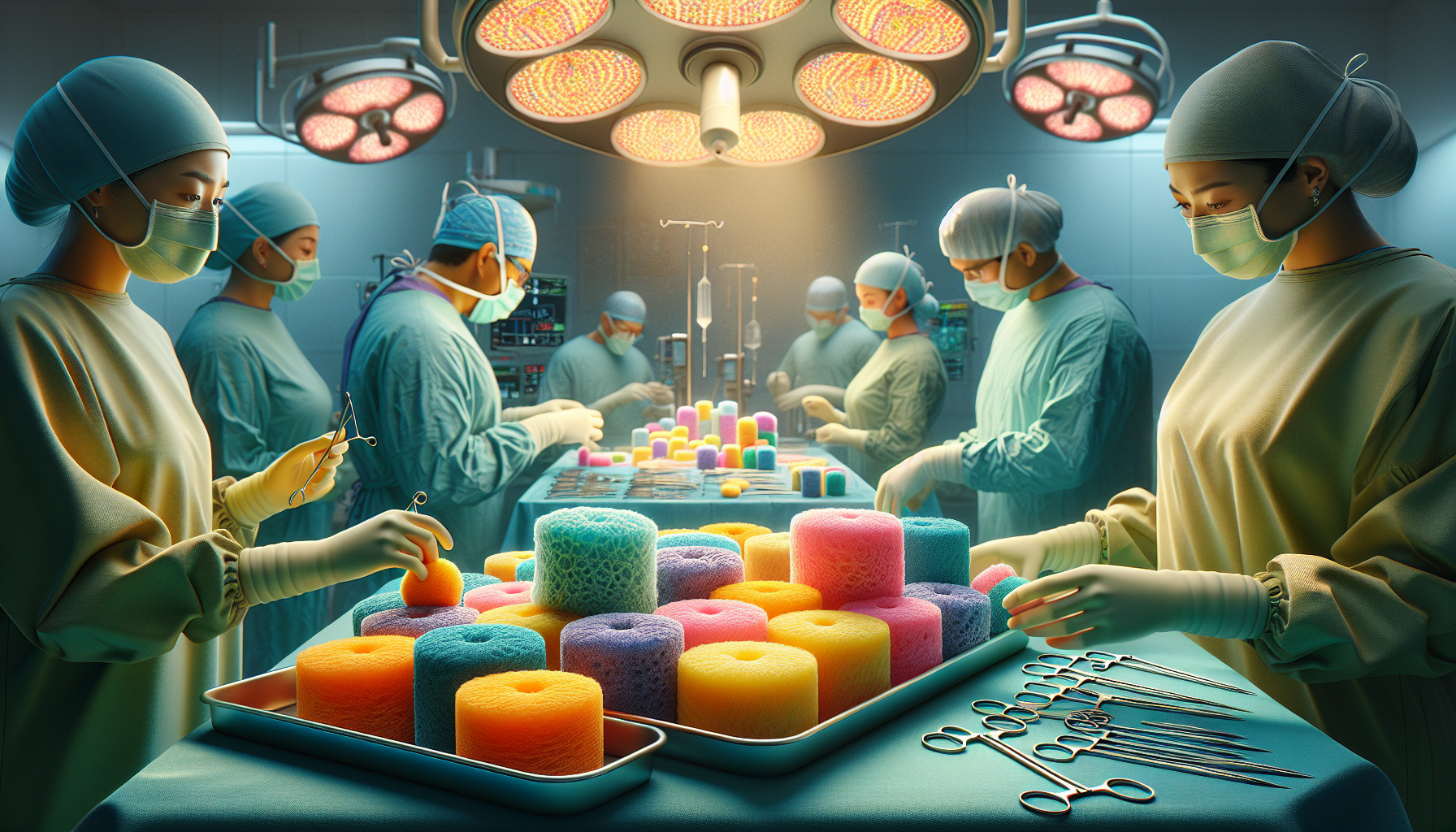 A conceptual illustration representing The Surgical Context - Understanding the Role of Sponges. Visualize the main ideas: . Creative but clear representation of the concept. Style: photorealistic. high quality, detailed, professional, clean composition, good lighting, sharp focus, well-composed. high quality, professional, detailed, well-composed