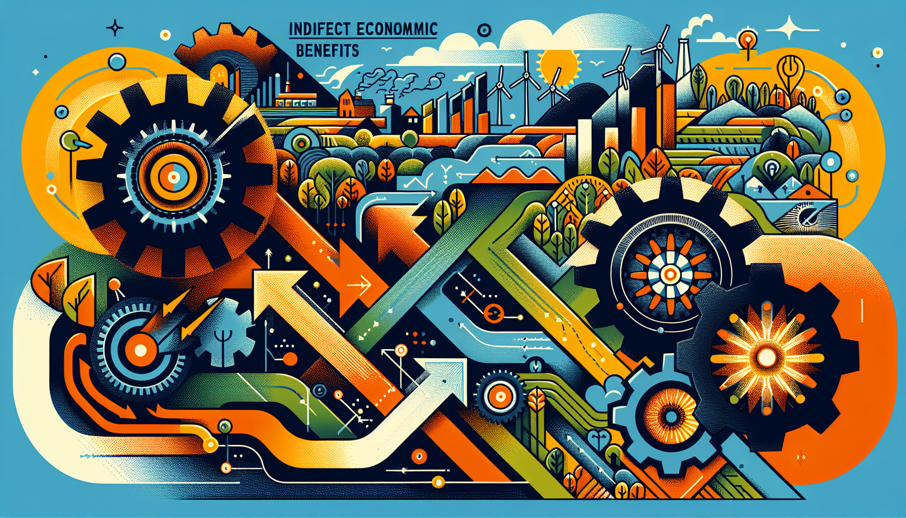 A conceptual illustration representing Indirect Economic Benefits. Visualize the main ideas: . Creative but clear representation of the concept. Style: Visual Theme: Clean, modern aesthetic with high contrast and vibrant energy. Emphasize the intersect. high quality, detailed, professional, clean composition, good lighting, sharp focus, well-composed. high quality, professional, detailed, well-composed