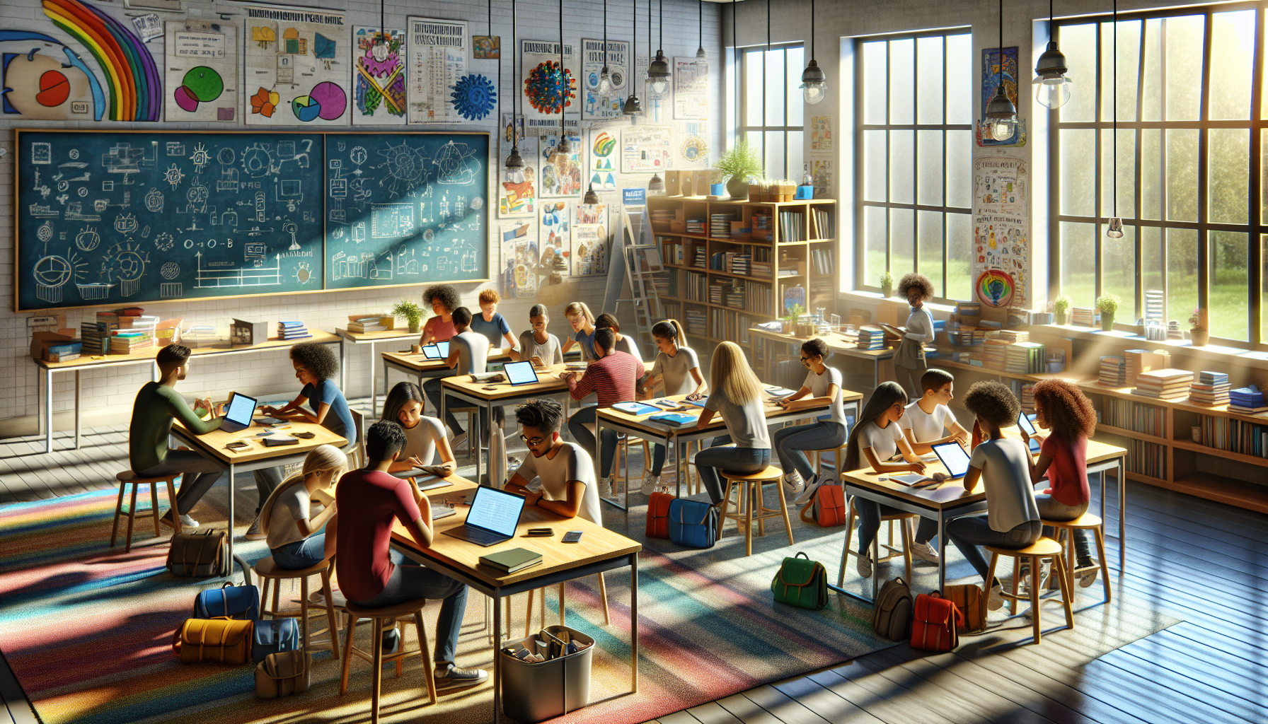 A conceptual illustration representing Implementing Projects in the Classroom. Visualize the main ideas: . Creative but clear representation of the concept. Style: photorealistic. high quality, detailed, professional, clean composition, good lighting, sharp focus, well-composed. high quality, professional, detailed, well-composed