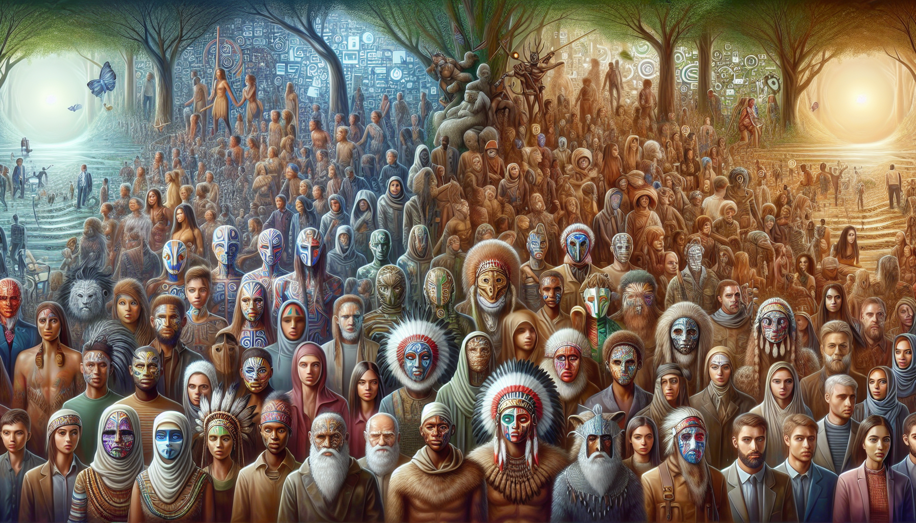 A conceptual illustration representing The Evolutionary Roots of Social Facades. Visualize the main ideas: . Creative but clear representation of the concept. Style: photorealistic. high quality, detailed, professional, clean composition, good lighting, sharp focus, well-composed. high quality, professional, detailed, well-composed