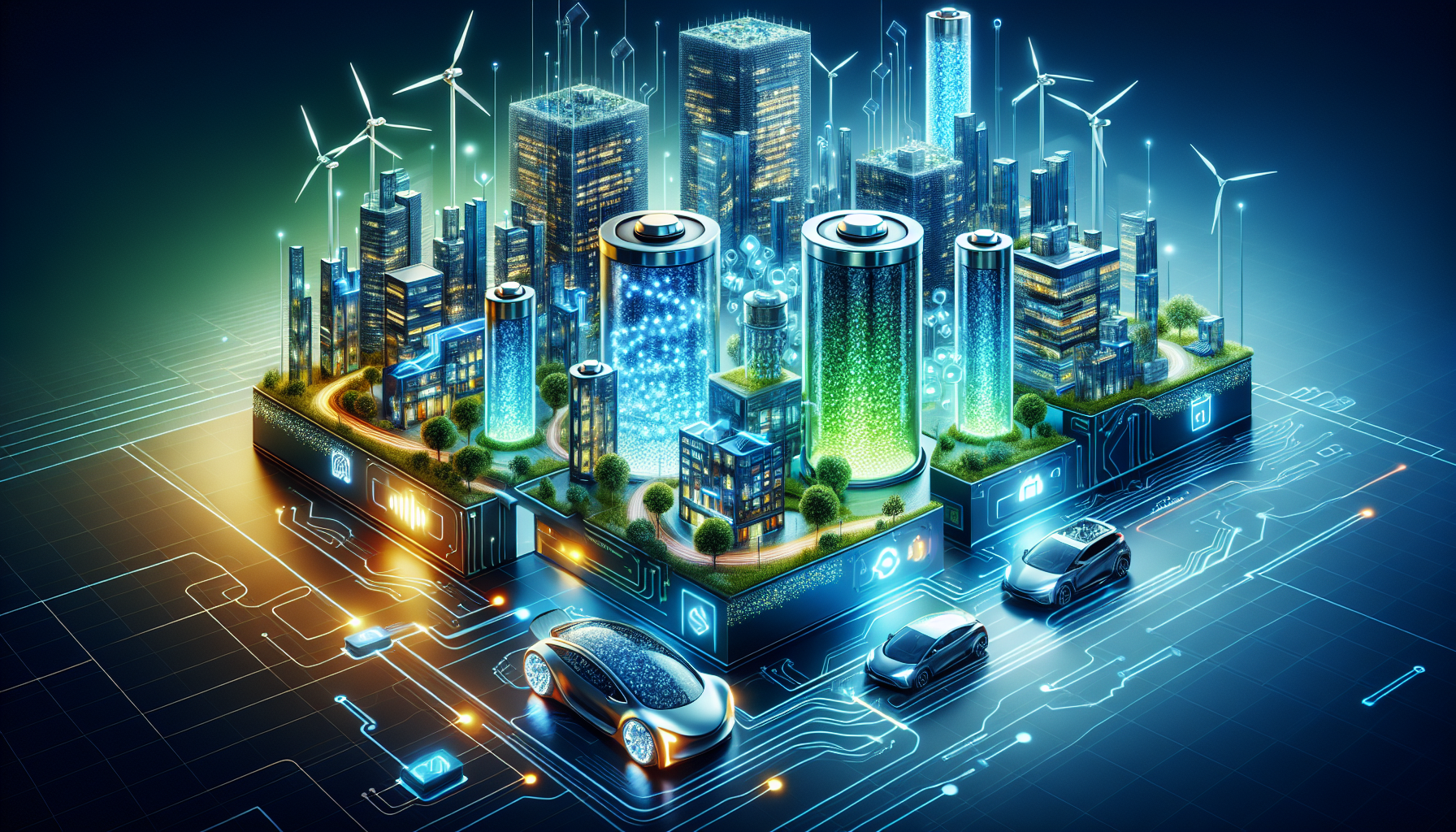 A conceptual illustration representing Cutting-Edge Battery Technologies. Visualize the main ideas: . Creative but clear representation of the concept. Style: Visual Theme: Clean, modern aesthetic with high contrast and vibrant energy. Emphasize the intersect. high quality, detailed, professional, clean composition, good lighting, sharp focus, well-composed. high quality, professional, detailed, well-composed