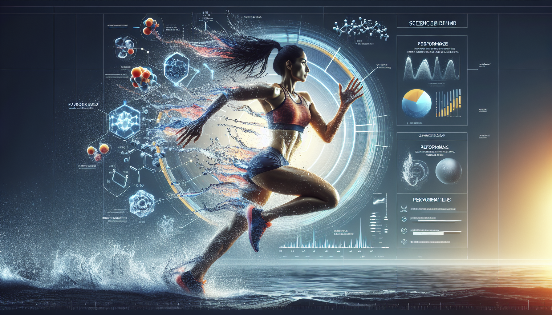 A conceptual illustration representing The Science Behind Hydration and Performance. Visualize the main ideas: . Creative but clear representation of the concept. Style: photorealistic. high quality, detailed, professional, clean composition, good lighting, sharp focus, well-composed. high quality, professional, detailed, well-composed