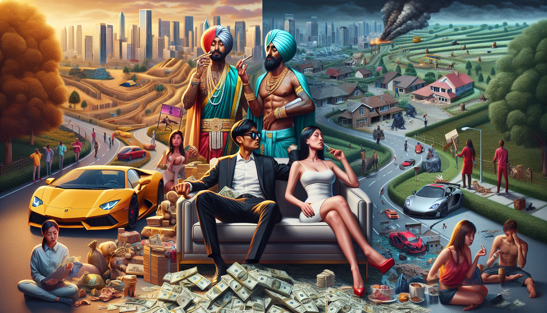 A conceptual illustration representing The Economic Cost of Conspicuous Consumption. Visualize the main ideas: . Creative but clear representation of the concept. Style: photorealistic. high quality, detailed, professional, clean composition, good lighting, sharp focus, well-composed. high quality, professional, detailed, well-composed