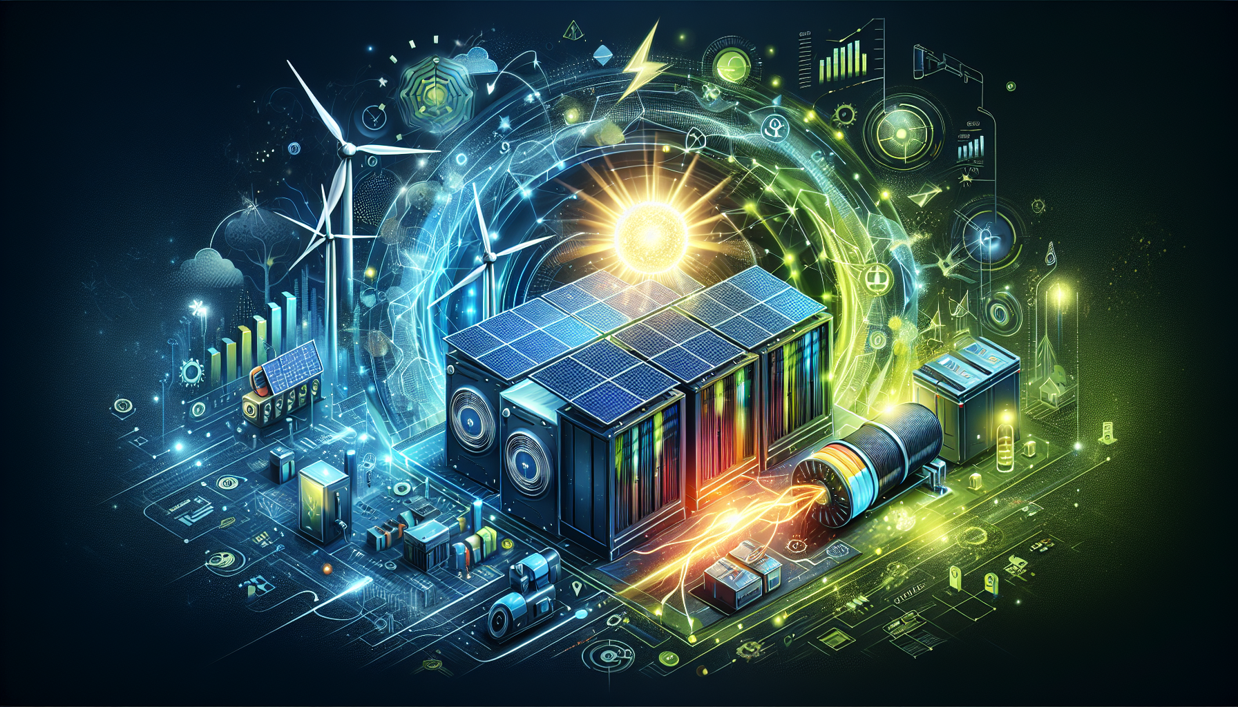 A conceptual illustration representing The Role of Energy Storage in Renewable Integration. Visualize the main ideas: . Creative but clear representation of the concept. Style: Visual Theme: Clean, modern aesthetic with high contrast and vibrant energy. Emphasize the intersect. high quality, detailed, professional, clean composition, good lighting, sharp focus, well-composed. high quality, professional, detailed, well-composed