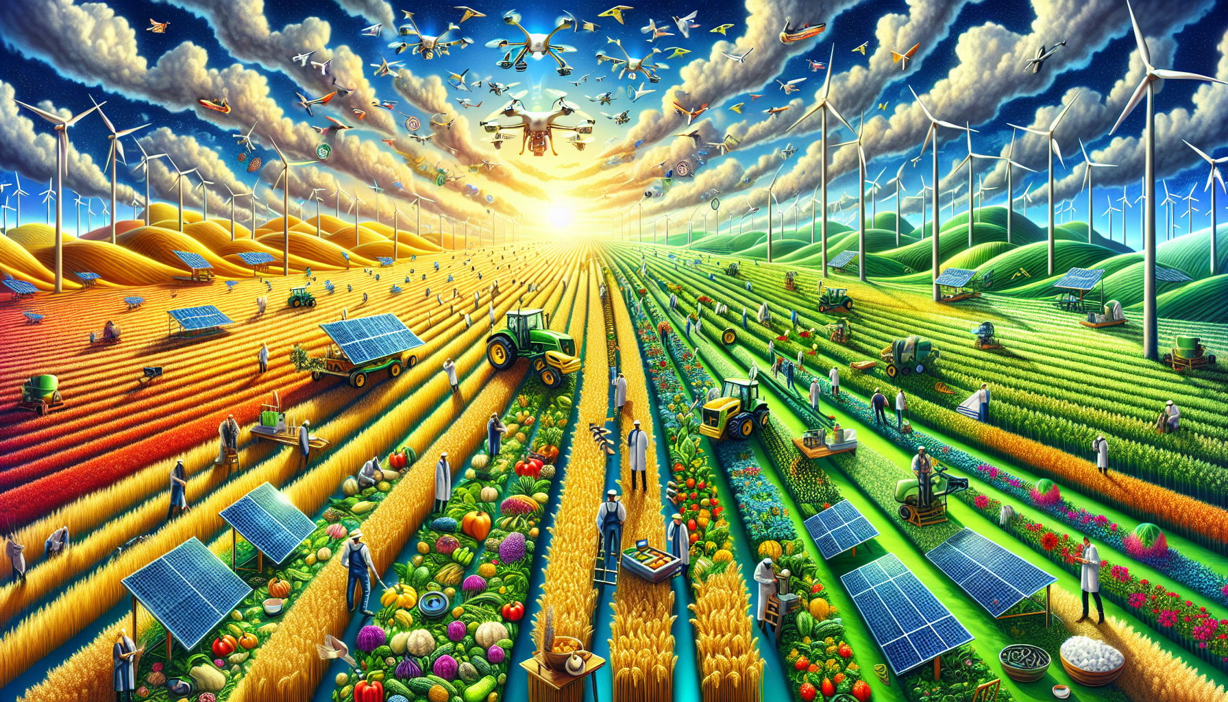 A conceptual illustration representing The Green Revolution: A New Era of Farming. Visualize the main ideas: . Creative but clear representation of the concept. Style: Visual Theme: Clean, modern aesthetic with high contrast and vibrant energy. Emphasize the intersect. high quality, detailed, professional, clean composition, good lighting, sharp focus, well-composed. high quality, professional, detailed, well-composed