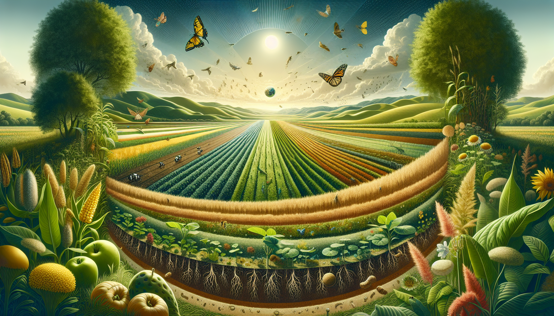 A conceptual illustration representing Regenerative Agriculture: Healing the Land. Visualize the main ideas: . Creative but clear representation of the concept. Style: Visual Theme: Clean, modern aesthetic with high contrast and vibrant energy. Emphasize the intersect. high quality, detailed, professional, clean composition, good lighting, sharp focus, well-composed. high quality, professional, detailed, well-composed