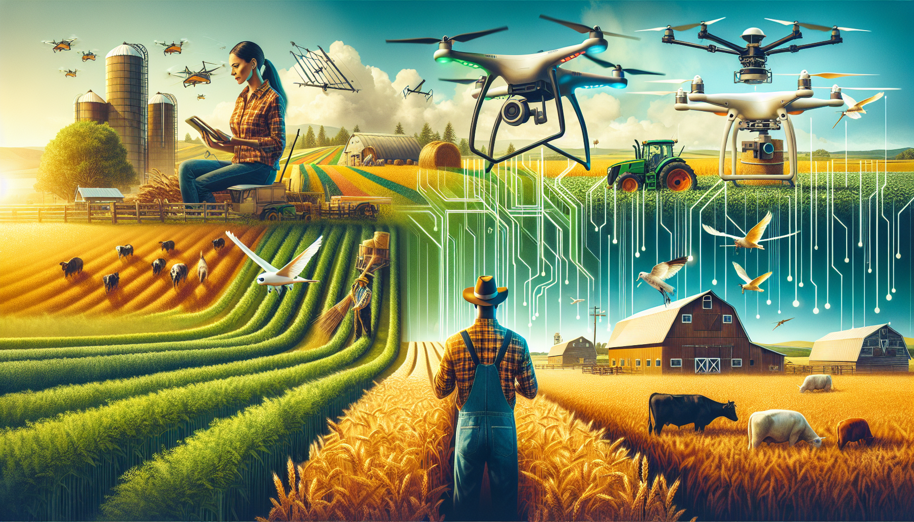 A professional product showcase or technology demonstration for Precision Agriculture: Technology Meets Tradition. Highlight . Clean, modern presentation with focus on functionality and design. Style: Visual Theme: Clean, modern aesthetic with high contrast and vibrant energy. Emphasize the intersect. high quality, detailed, professional, clean composition, good lighting, sharp focus, well-composed. high quality, professional, detailed, well-composed