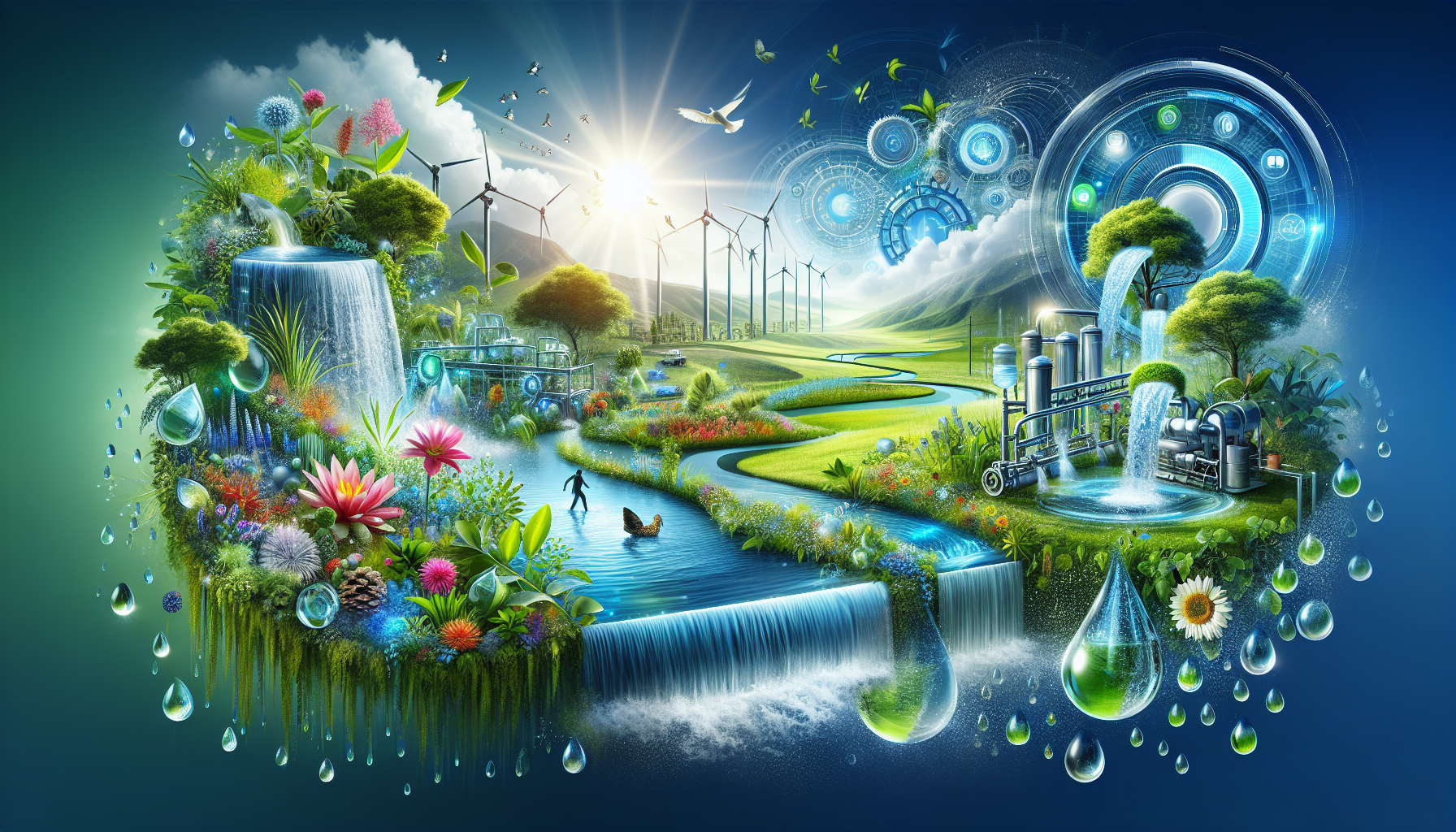 A conceptual illustration representing Water Management: Conserving Our Most Precious Resource. Visualize the main ideas: . Creative but clear representation of the concept. Style: Visual Theme: Clean, modern aesthetic with high contrast and vibrant energy. Emphasize the intersect. high quality, detailed, professional, clean composition, good lighting, sharp focus, well-composed. high quality, professional, detailed, well-composed