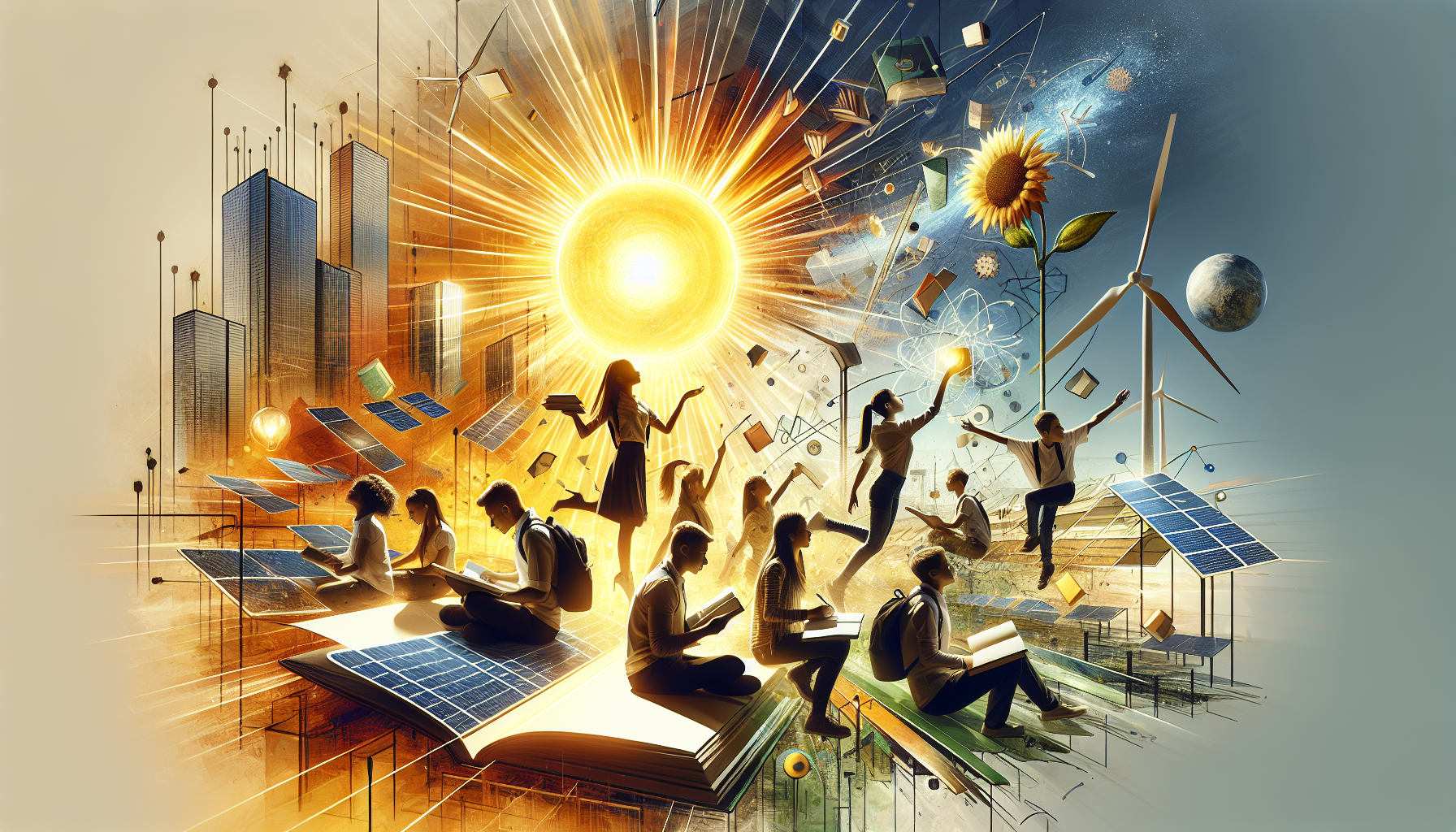 A conceptual illustration representing Lighting the Path to Solar Education. Visualize the main ideas: . Creative but clear representation of the concept. Style: Visual Theme: Clean, modern aesthetic with high contrast and vibrant energy. Emphasize the intersect. high quality, detailed, professional, clean composition, good lighting, sharp focus, well-composed. high quality, professional, detailed, well-composed