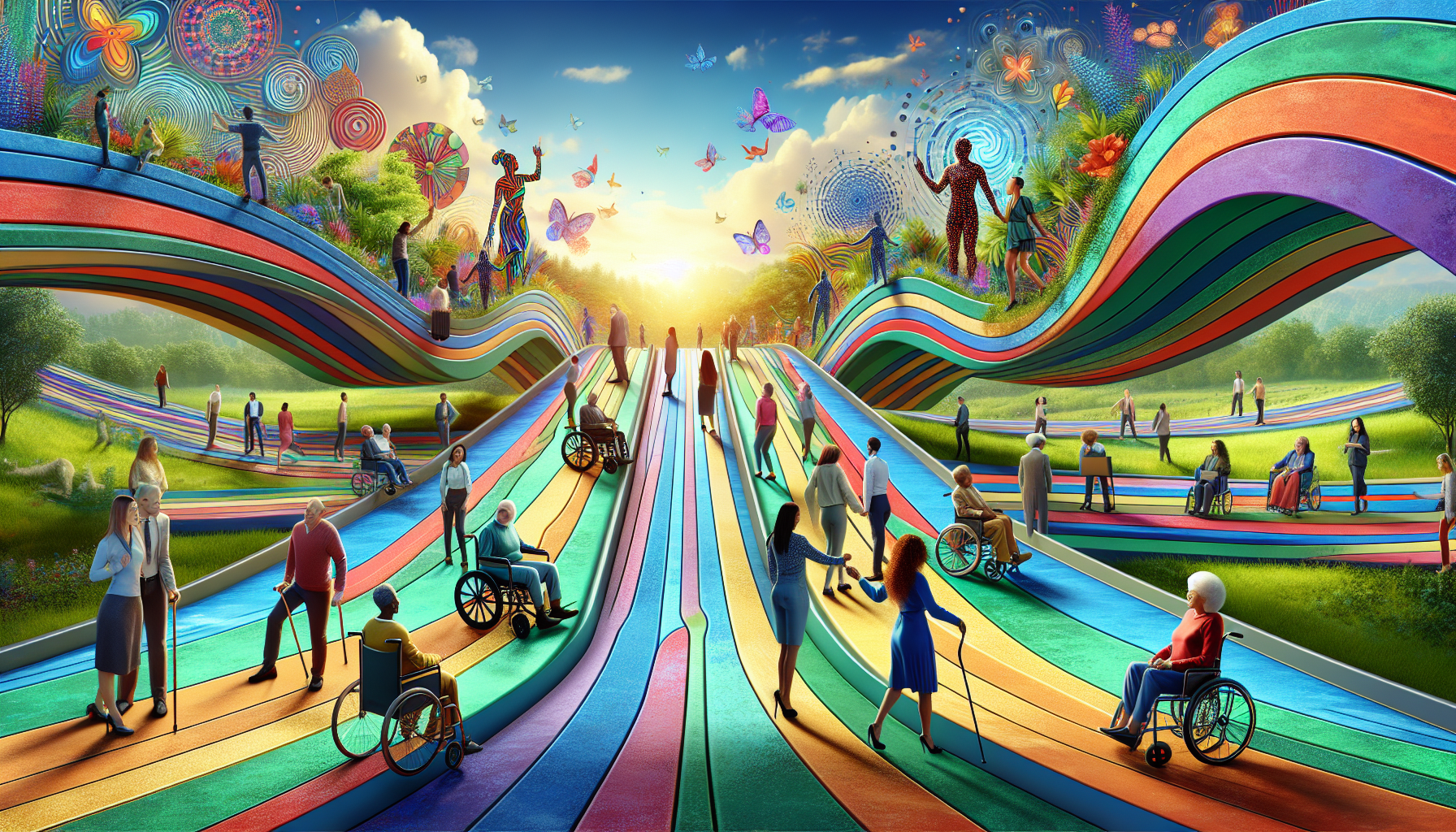 A conceptual illustration representing Bridging the Gap: Accessibility and Inclusivity. Visualize the main ideas: . Creative but clear representation of the concept. Style: Visual Theme: Clean, modern aesthetic with high contrast and vibrant energy. Emphasize the intersect. high quality, detailed, professional, clean composition, good lighting, sharp focus, well-composed. high quality, professional, detailed, well-composed