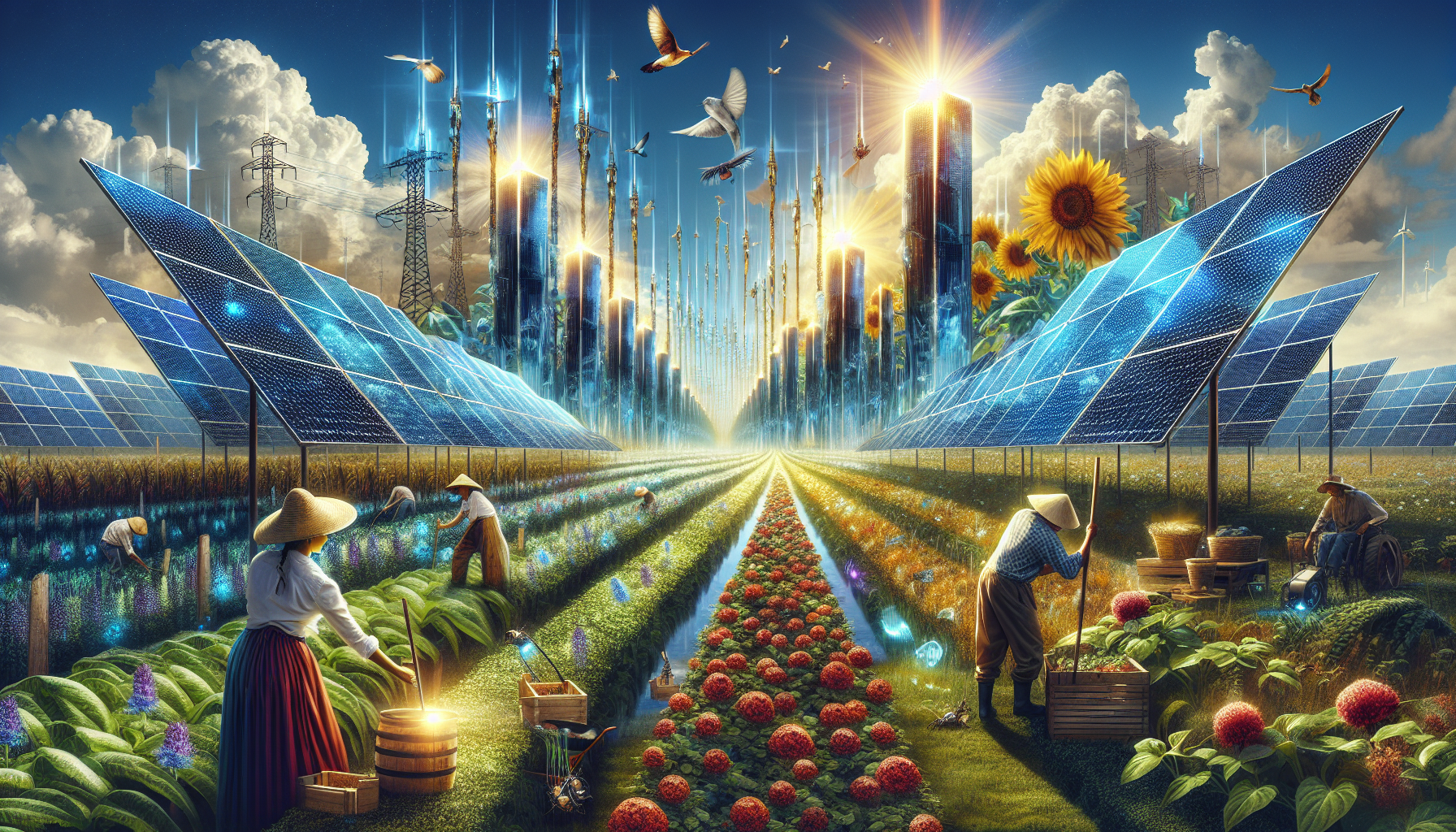 A conceptual illustration representing The Power of Solar in Agriculture. Visualize the main ideas: . Creative but clear representation of the concept. Style: Visual Theme: Clean, modern aesthetic with high contrast and vibrant energy. Emphasize the intersect. high quality, detailed, professional, clean composition, good lighting, sharp focus, well-composed. high quality, professional, detailed, well-composed
