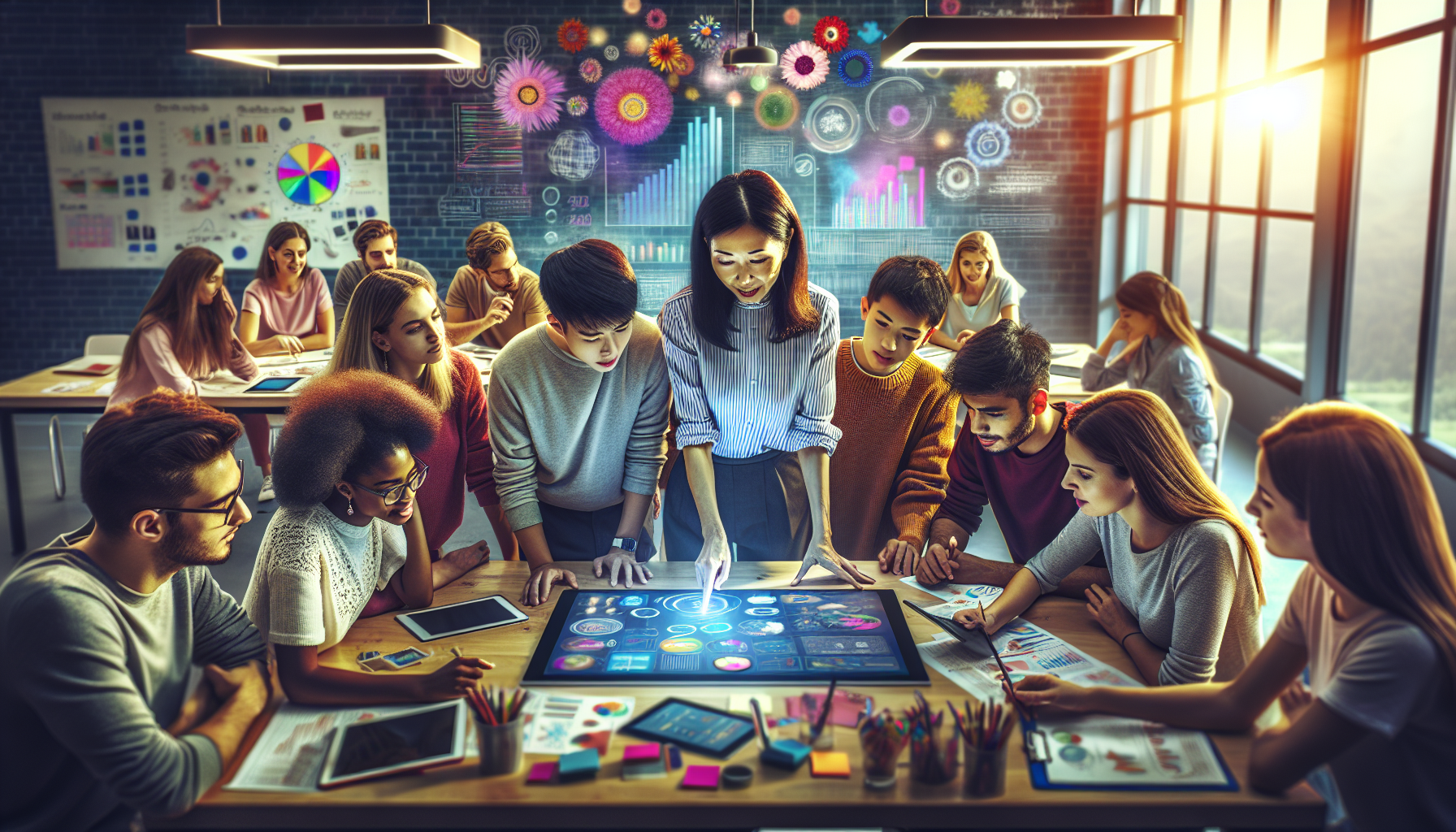 A conceptual illustration representing Interactive Teaching Strategies. Visualize the main ideas: . Creative but clear representation of the concept. Style: photorealistic. high quality, detailed, professional, clean composition, good lighting, sharp focus, well-composed. high quality, professional, detailed, well-composed