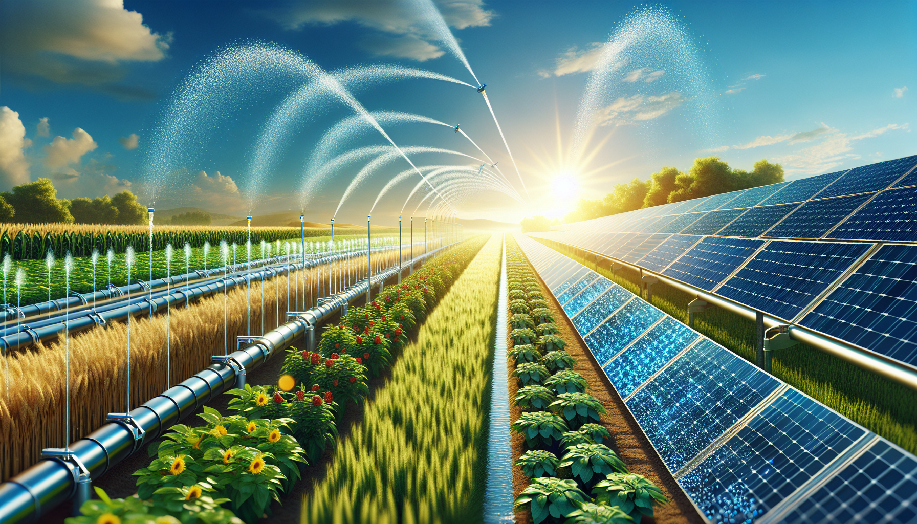 A conceptual illustration representing Solar-Powered Irrigation Systems. Visualize the main ideas: . Creative but clear representation of the concept. Style: Visual Theme: Clean, modern aesthetic with high contrast and vibrant energy. Emphasize the intersect. high quality, detailed, professional, clean composition, good lighting, sharp focus, well-composed. high quality, professional, detailed, well-composed